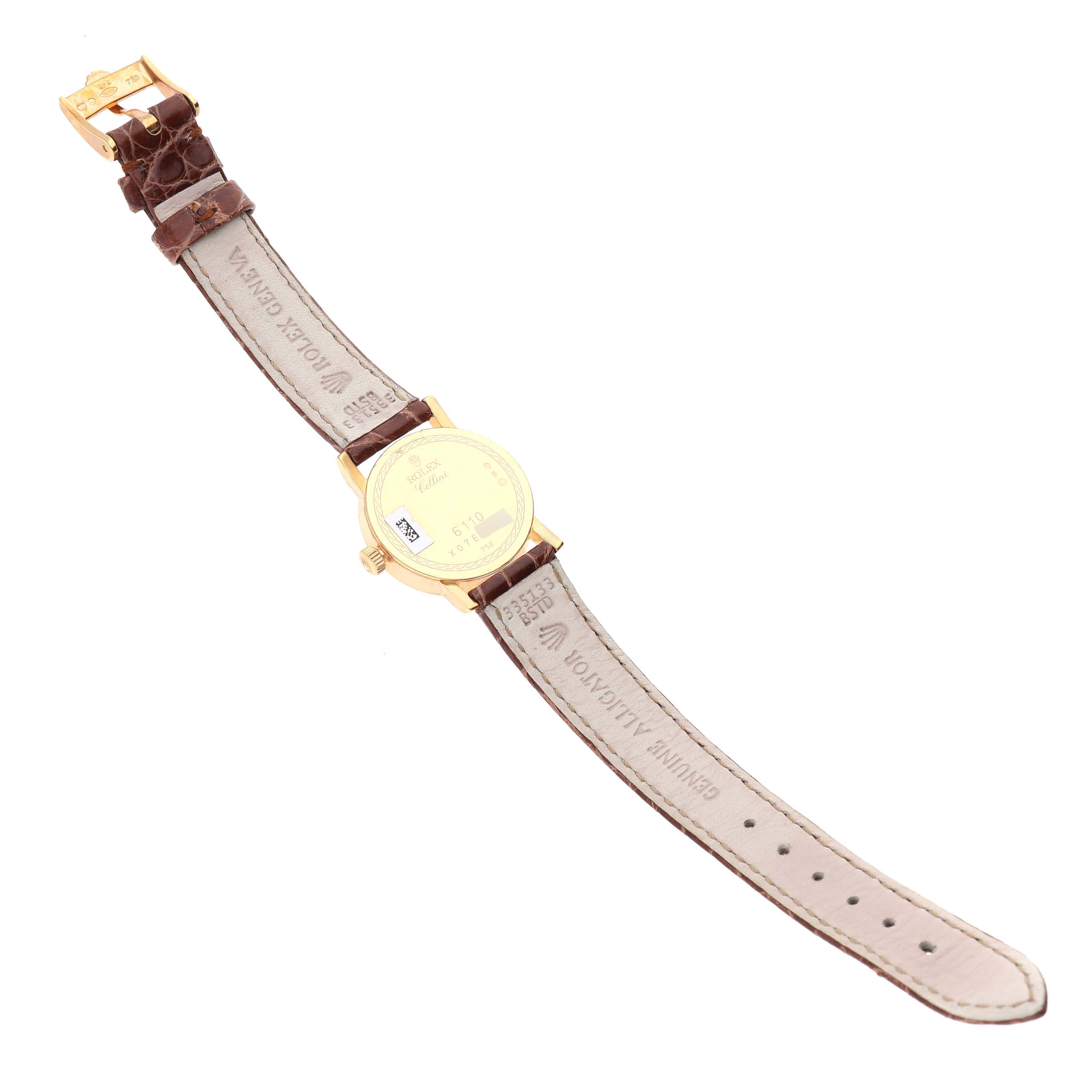 The Rolex Cellini 6110/8 Women's Yellow Gold Mother of Pearl Dial 6110/8 Women's Yellow Gold Mother of Pearl Dial watch is shown from the back, displaying the underside of the strap and the rear of the watch case.