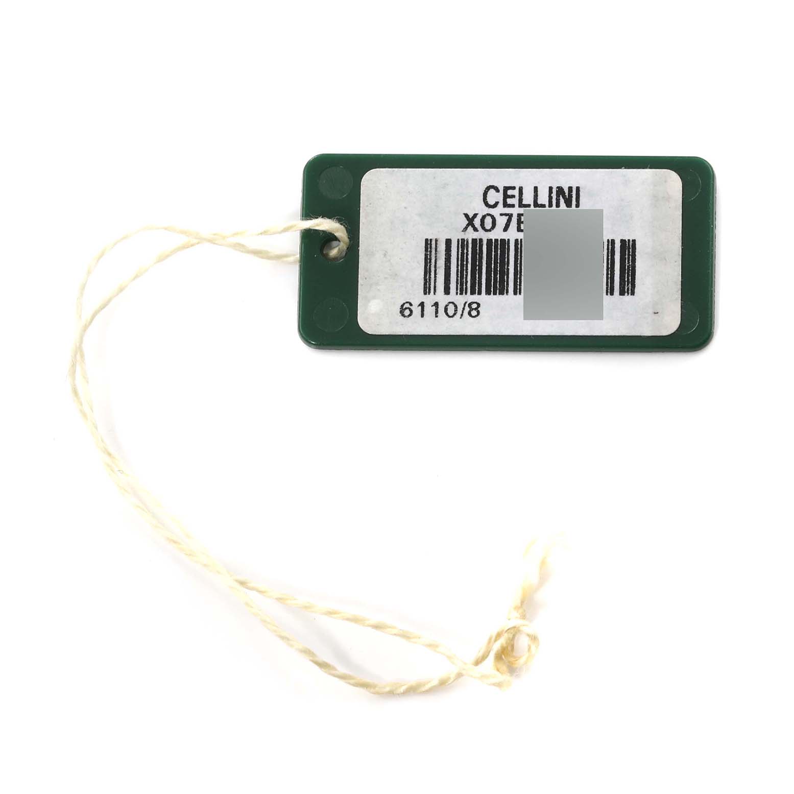 This image shows a green and white tag with "Cellini" and a barcode for a Rolex watch.