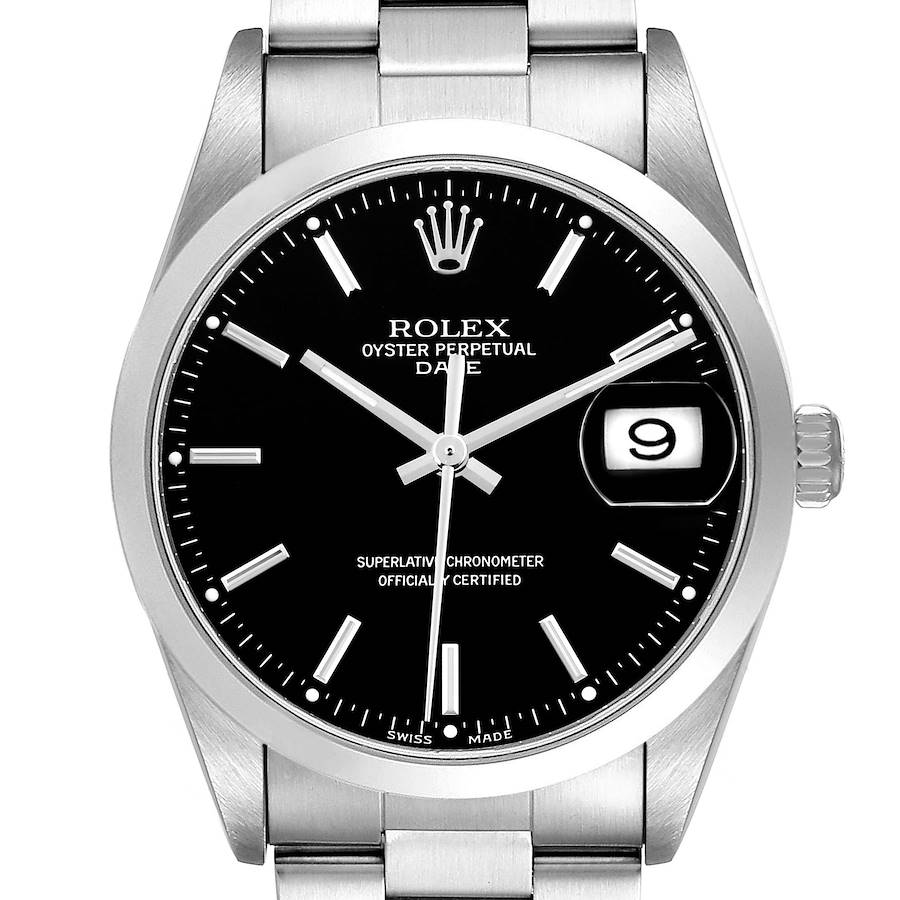 The Rolex Date model is shown from a front angle, highlighting the dial, hands, and part of the bracelet.