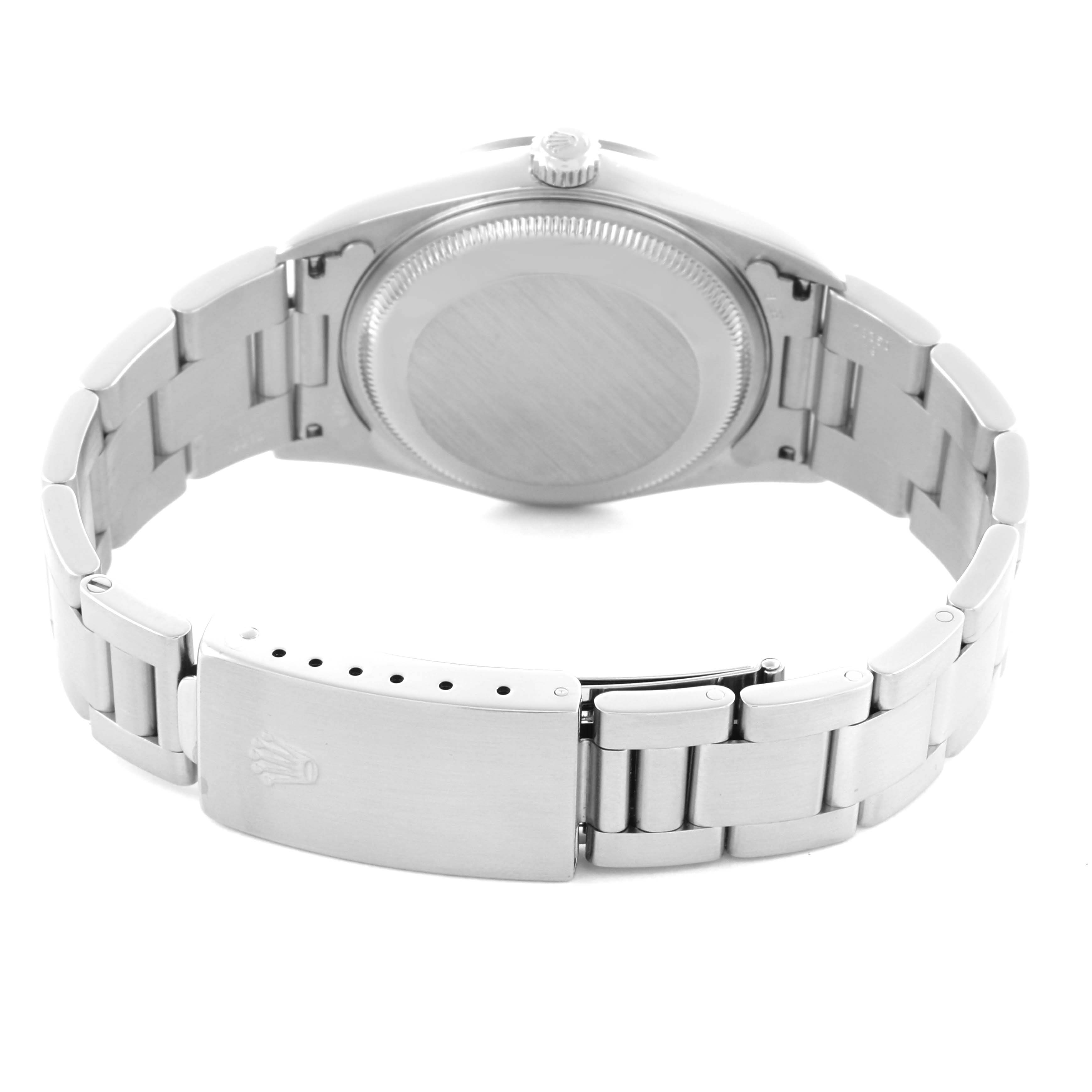 The image shows the backside and bracelet of a Rolex Date 15200 Men's Stainless Steel Black Dial 15200 Men's Stainless Steel Black Dial model, highlighting the clasp and case back.