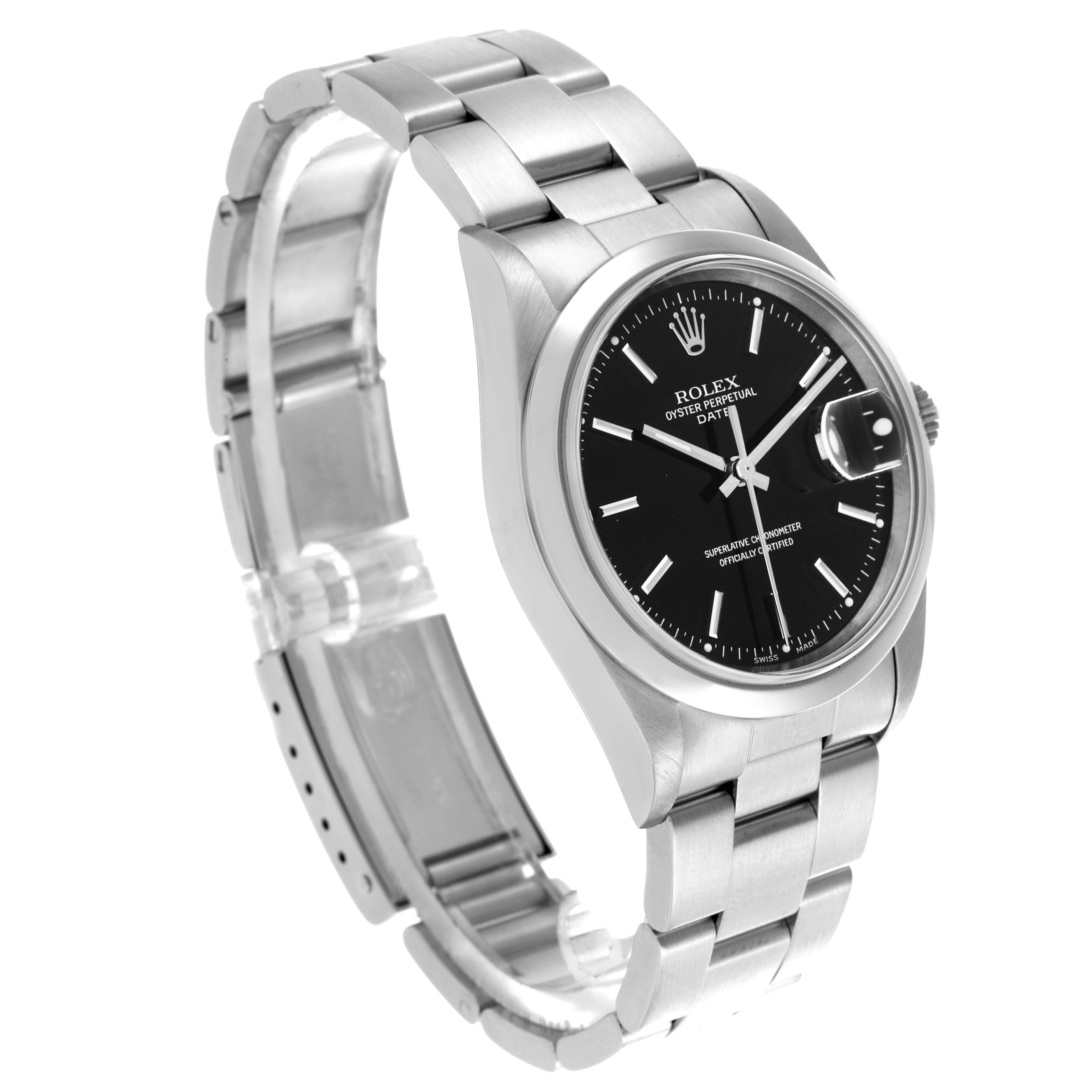 The Rolex Date 15200 Men's Stainless Steel Black Dial 15200 Men's Stainless Steel Black Dial watch is shown at an angled side view, highlighting the case, bracelet, crown, and dial with a date feature.