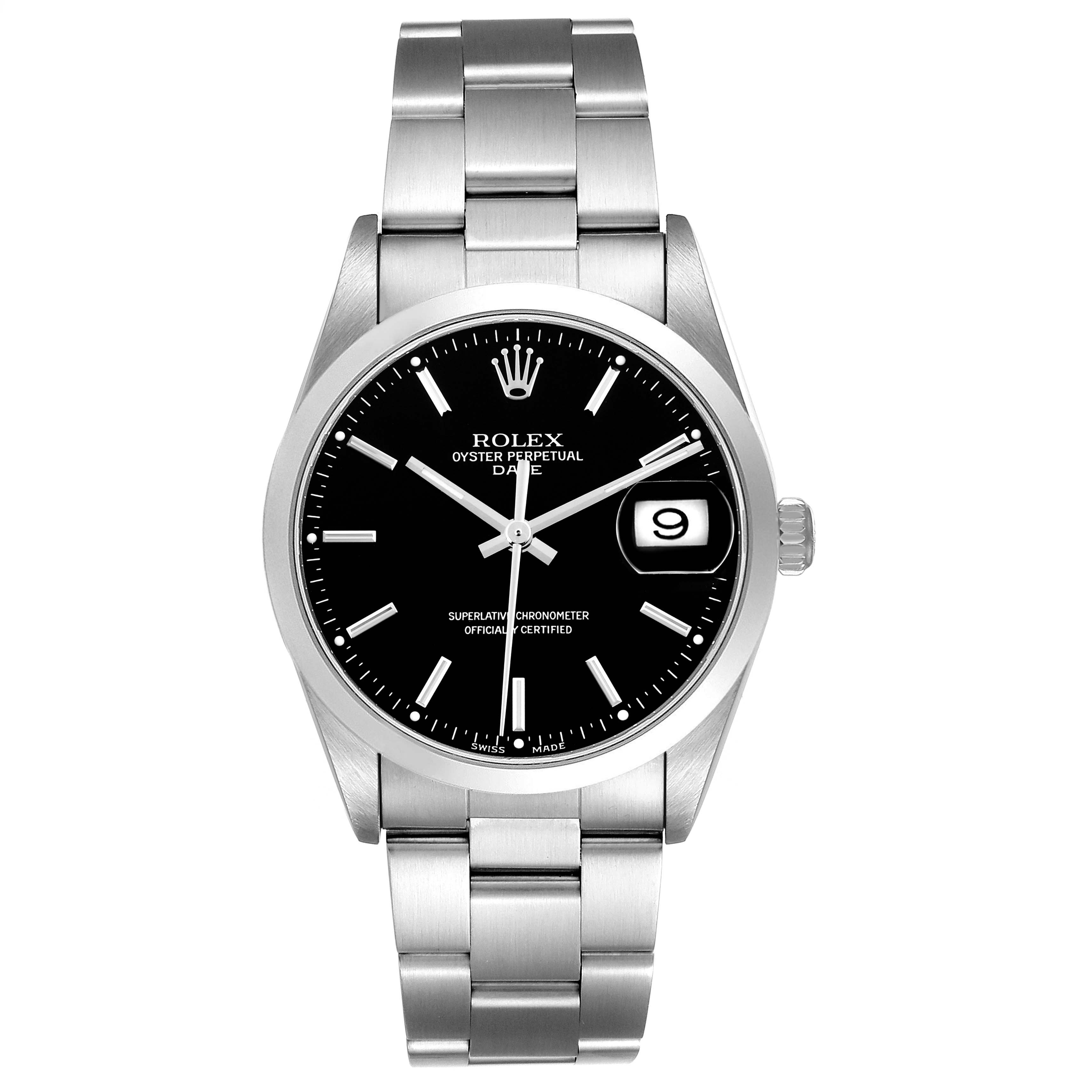 The Rolex Date 15200 Men's Stainless Steel Black Dial 15200 Men's Stainless Steel Black Dial model watch is shown from a front angle, displaying the dial, bracelet, and date window.