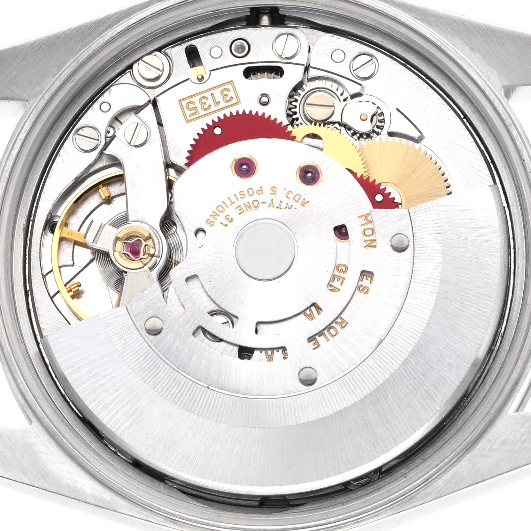 The image shows the movement of a Rolex Date 15200 Men's Stainless Steel Black Dial 15200 Men's Stainless Steel Black Dial model watch viewed from the back, highlighting gears, jewels, and the rotor.