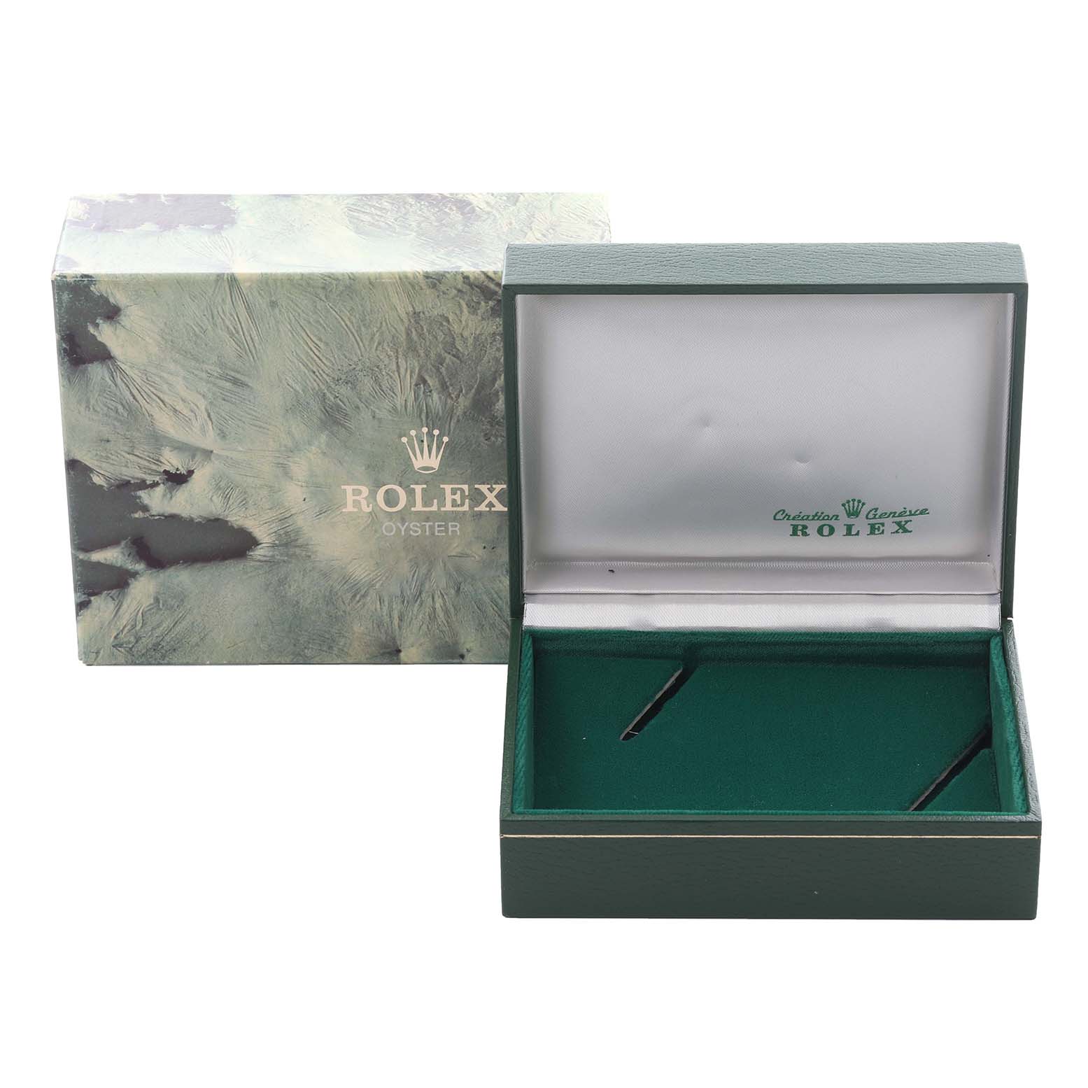 The image shows an open Rolex Date 1500 Men's Stainless Steel Blue Dial 1500 Men's Stainless Steel Blue Dial model box at a frontal angle, revealing its interior and exterior packaging.