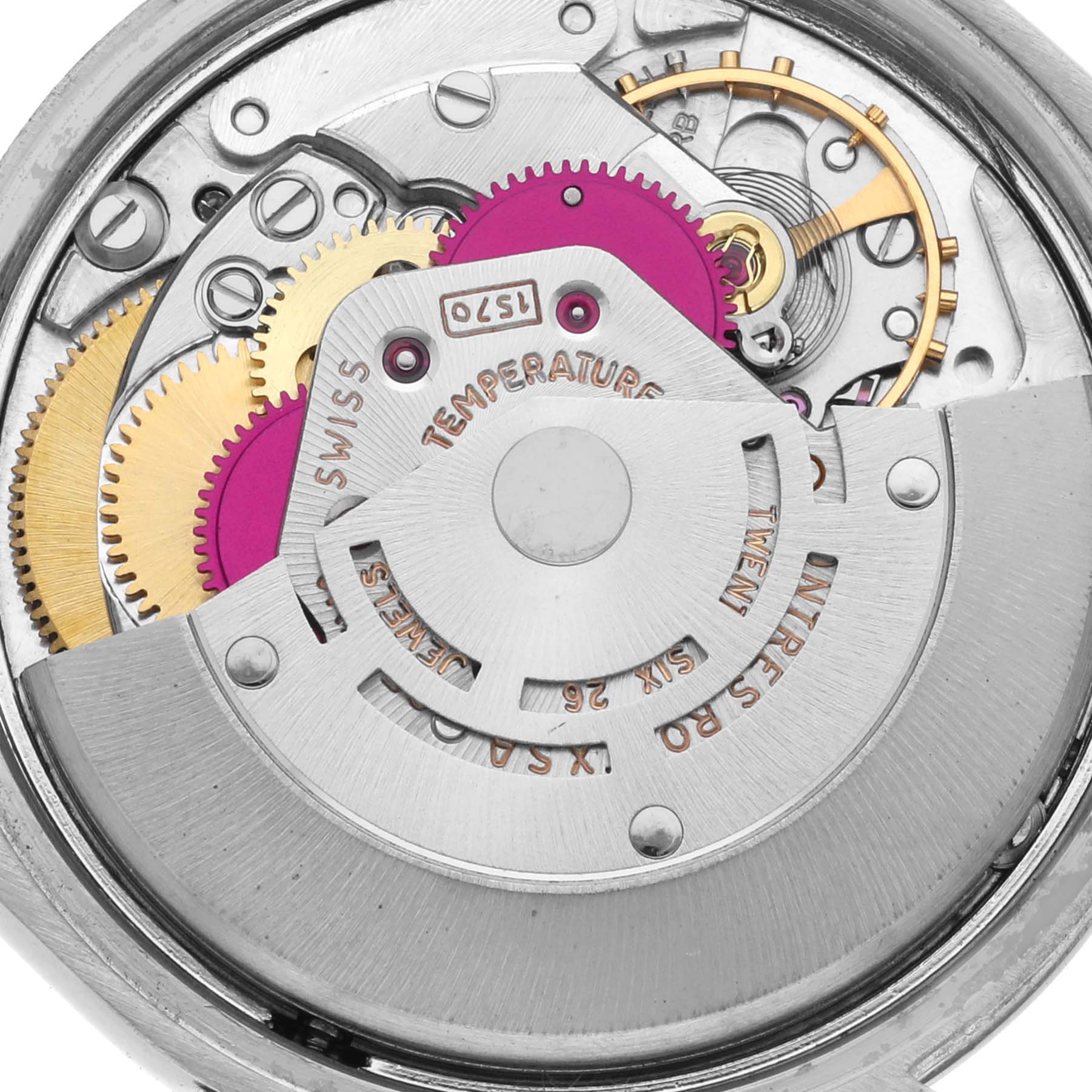 The image shows the internal mechanism of a Rolex Date 1500 Men's Stainless Steel Blue Dial 1500 Men's Stainless Steel Blue Dial watch with visible gears and rotor.