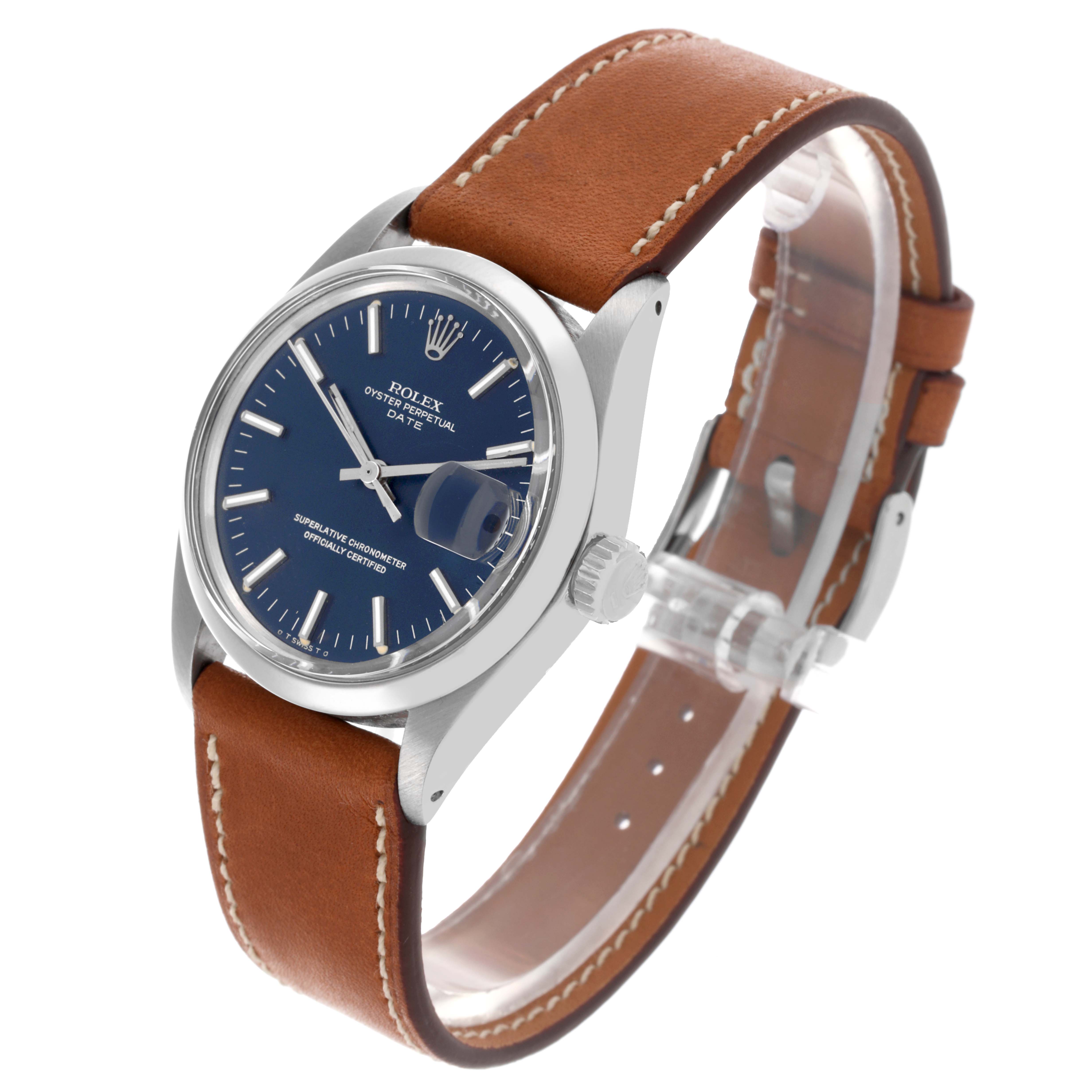 The Rolex Date 1500 Men's Stainless Steel Blue Dial 1500 Men's Stainless Steel Blue Dial model is shown from a three-quarter angle, displaying the case, blue dial, crown, and leather strap.