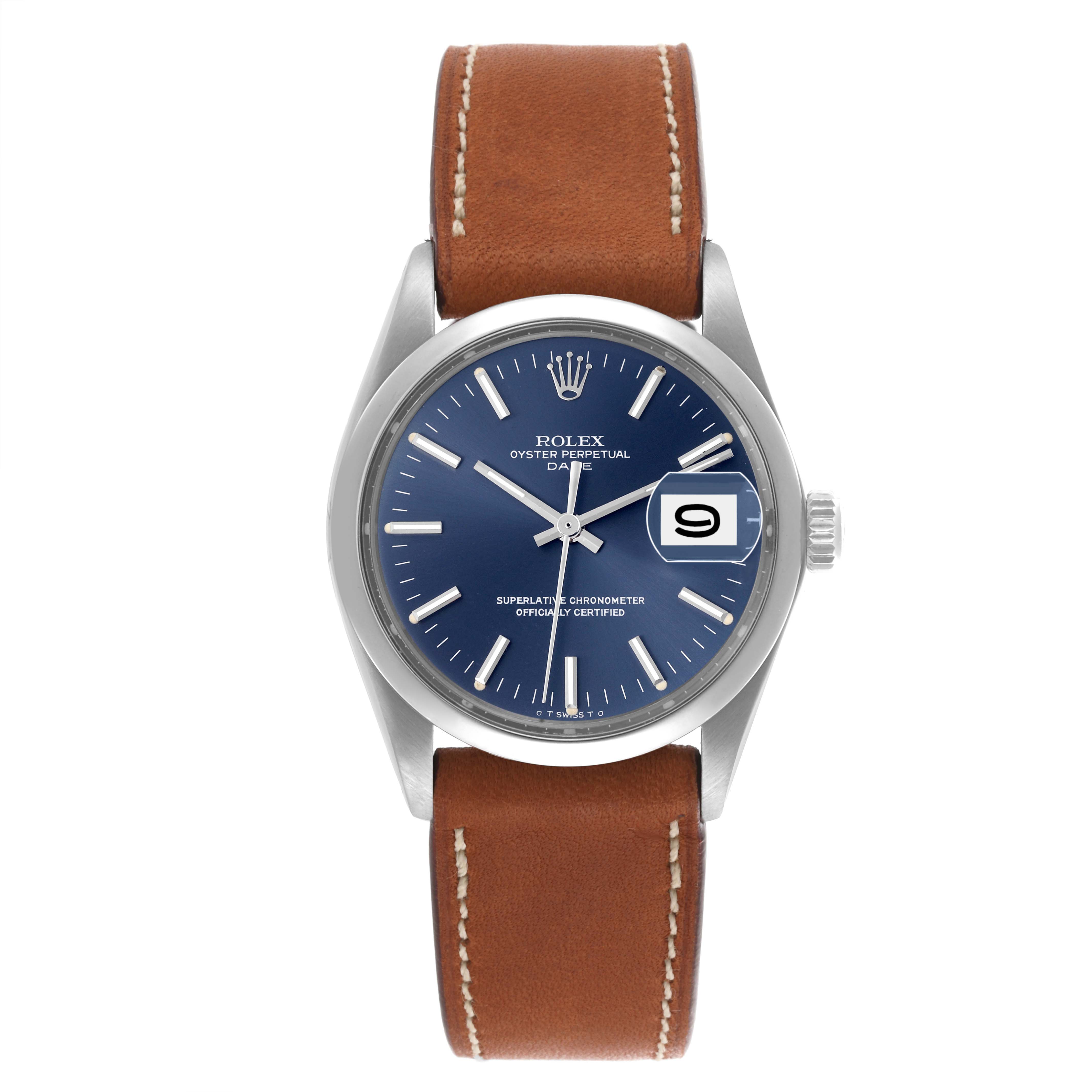 The Rolex Date 1500 Men's Stainless Steel Blue Dial 1500 Men's Stainless Steel Blue Dial model is shown from a top-down angle, displaying the blue dial, date window, and brown leather strap.