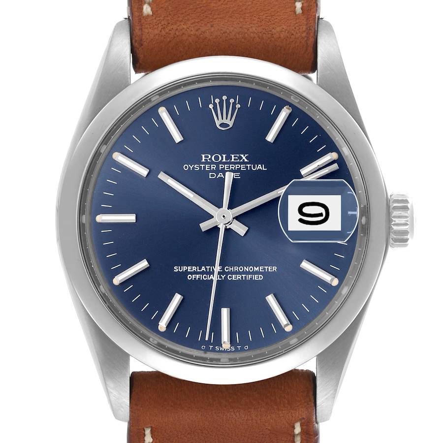 The Rolex Date watch is shown from the front, displaying a blue dial, hour markers, hands, date window, and brown leather strap.