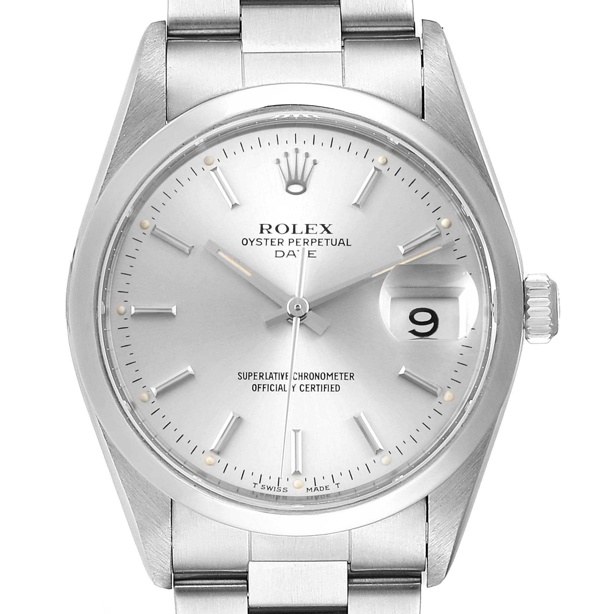 This image shows the front view of a Rolex Date 15200 Men's Stainless Steel Silver Dial 15200 Men's Stainless Steel Silver Dial model watch, highlighting the dial, hands, hour markers, date window, and crown.