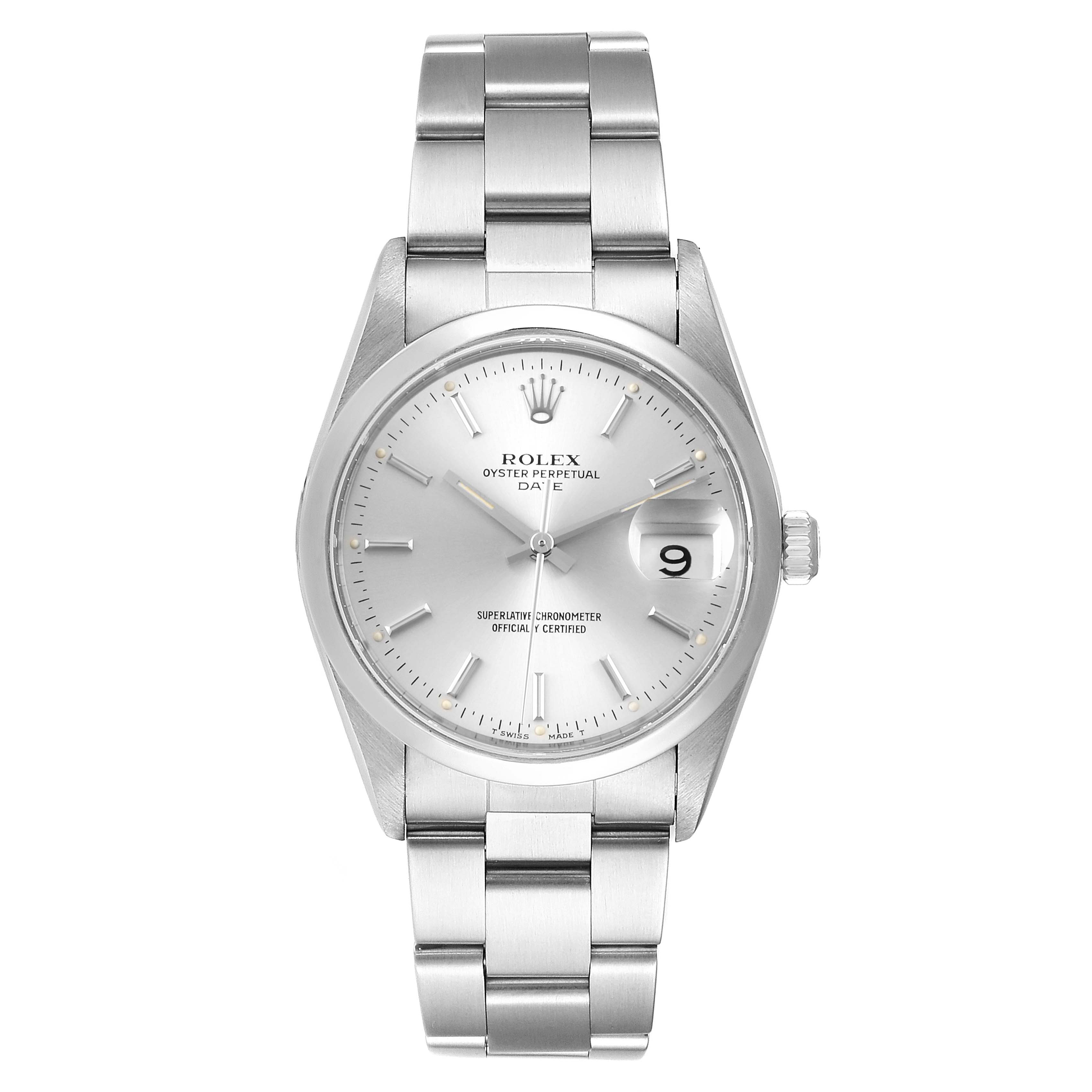 This image shows a head-on view of a Rolex Date 15200 Men's Stainless Steel Silver Dial 15200 Men's Stainless Steel Silver Dial model watch, displaying the face, case, bezel, and bracelet.