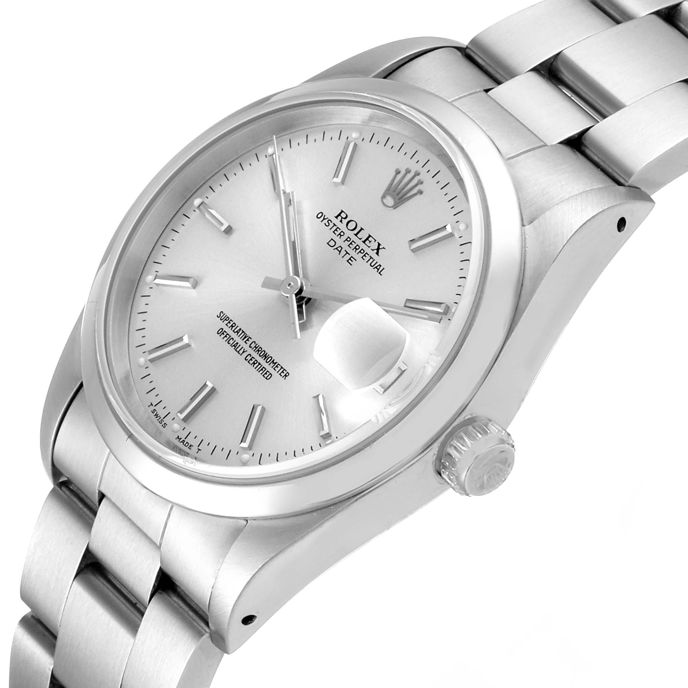 The image shows the Rolex Oyster Perpetual Date model watch at an angled view, displaying the dial, bezel, crown, and the bracelet.