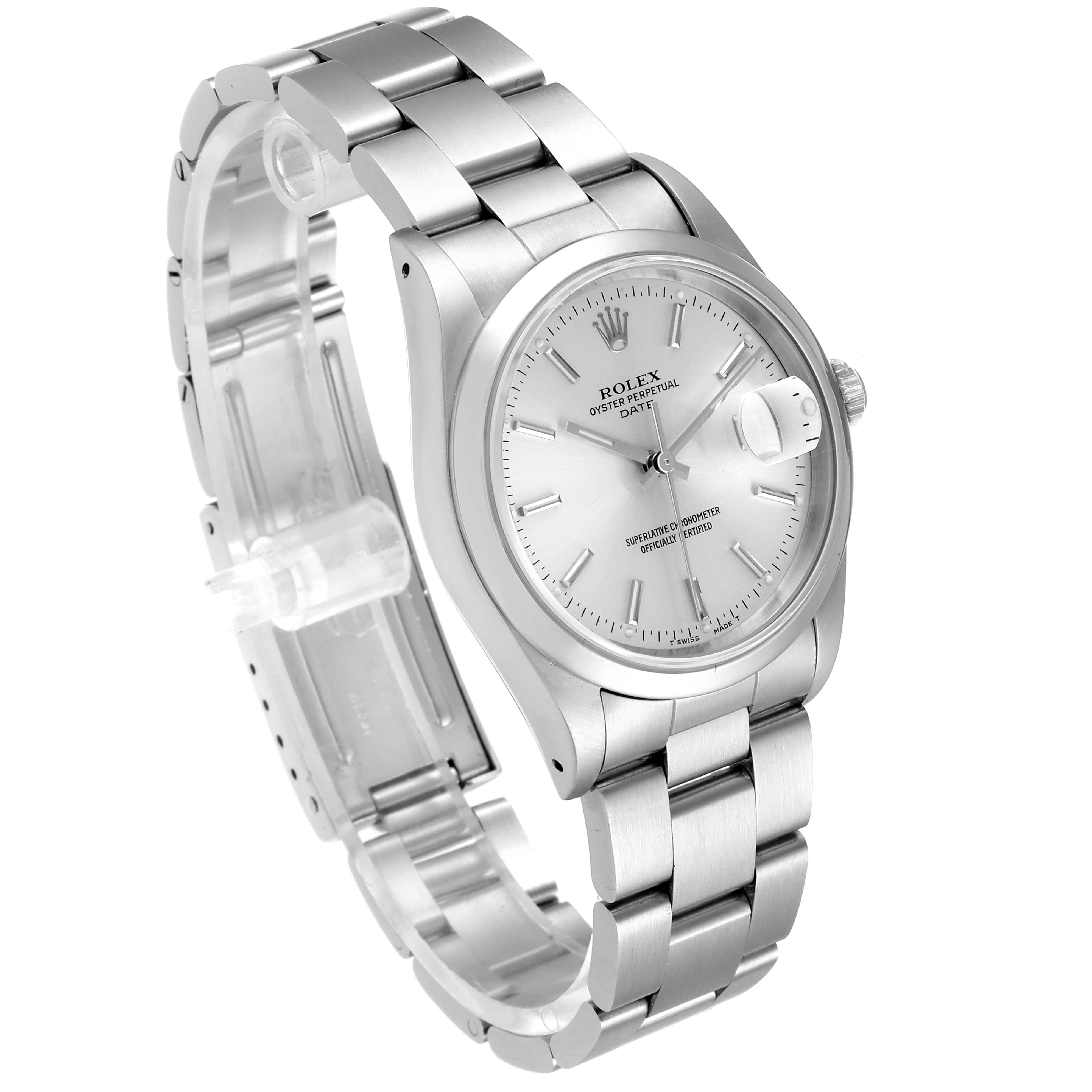 The image shows a side and front angled view of the Rolex Date 15200 Men's Stainless Steel Silver Dial 15200 Men's Stainless Steel Silver Dial model watch, highlighting its face, bezel, bracelet, and clasp.