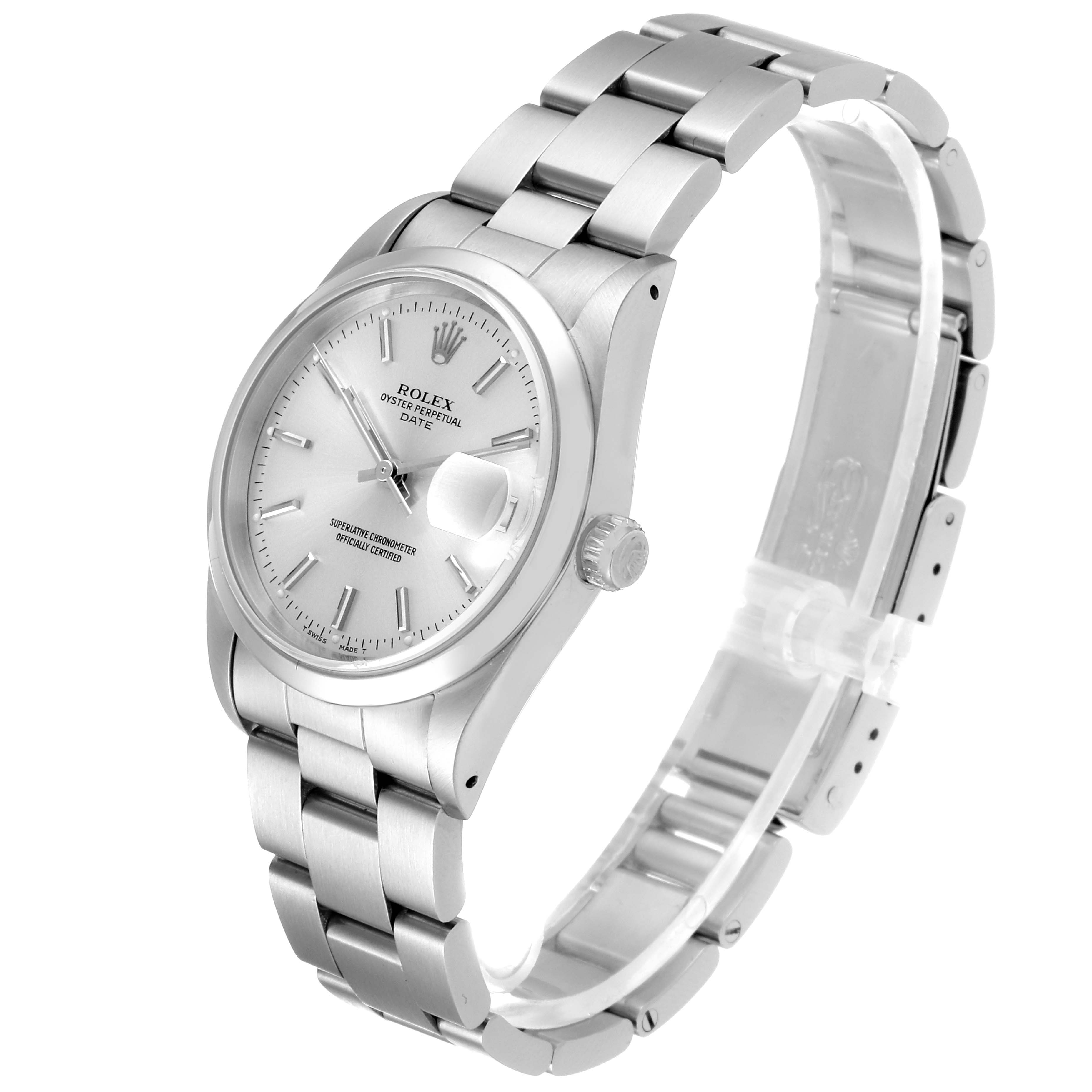 The image shows a side angle of the Rolex Date 15200 Men's Stainless Steel Silver Dial 15200 Men's Stainless Steel Silver Dial model watch, highlighting its dial, bracelet, and crown.