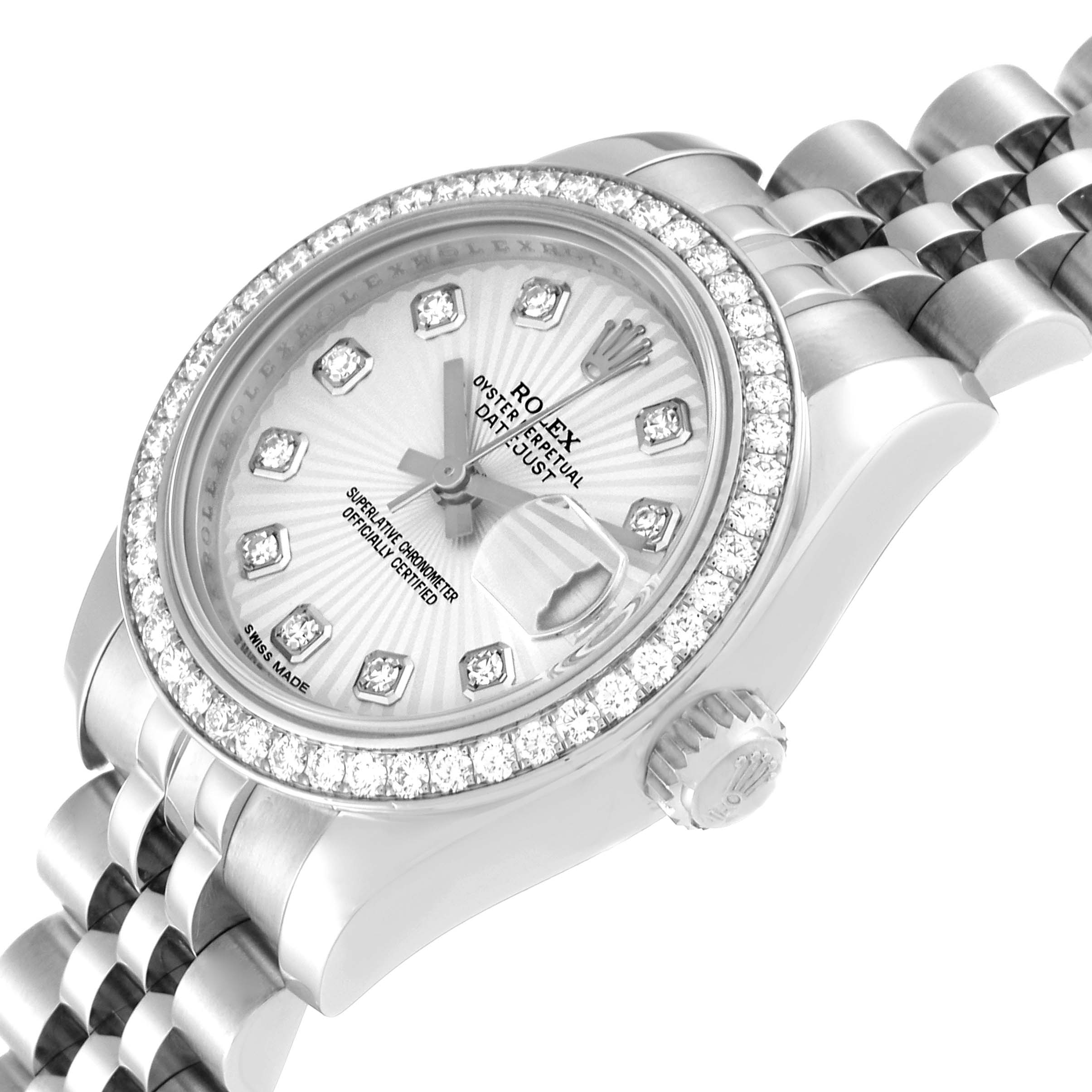 The image shows a close-up, angled view of a Rolex Datejust 179384 Women's Stainless Steel Silver Dial 179384 Women's Stainless Steel Silver Dial watch, highlighting its dial, bezel, crown, and part of the bracelet.