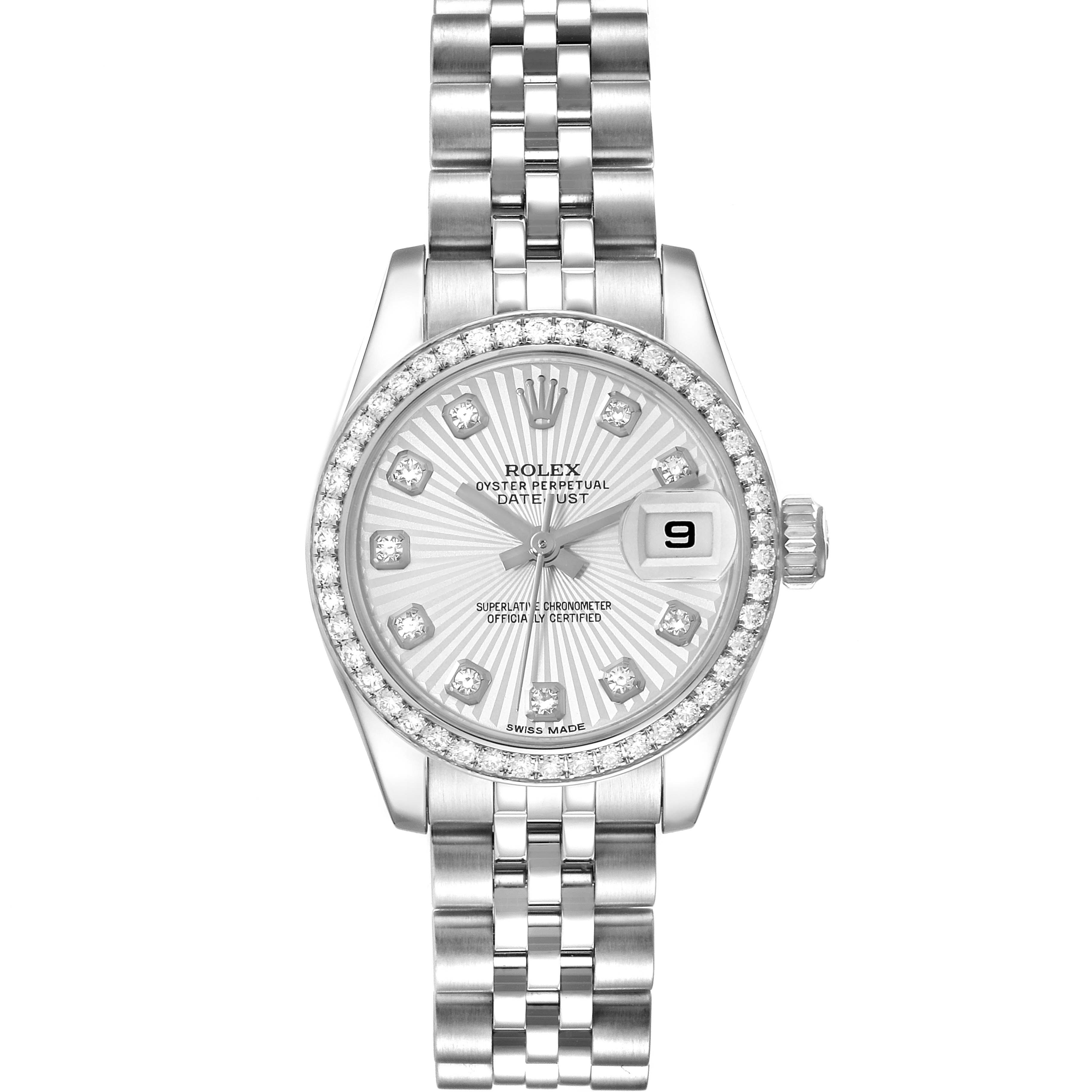 The image shows a front view of the Rolex Datejust 179384 Women's Stainless Steel Silver Dial 179384 Women's Stainless Steel Silver Dial watch, displaying the bezel, dial, hands, date window, and part of the bracelet.
