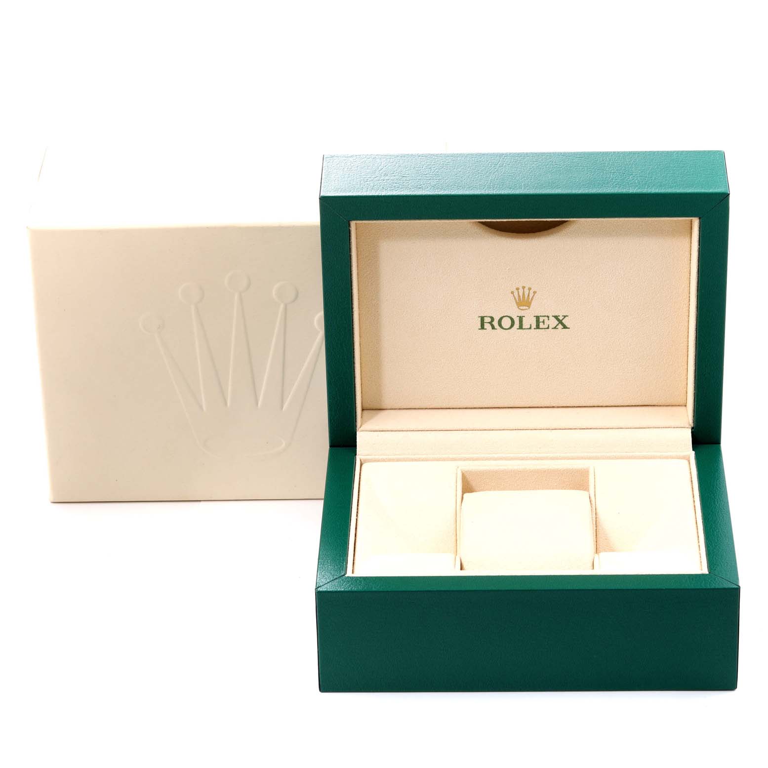 This image shows an open green and cream Rolex box for a Datejust model, with the Rolex logo inside and an outer box in the background.