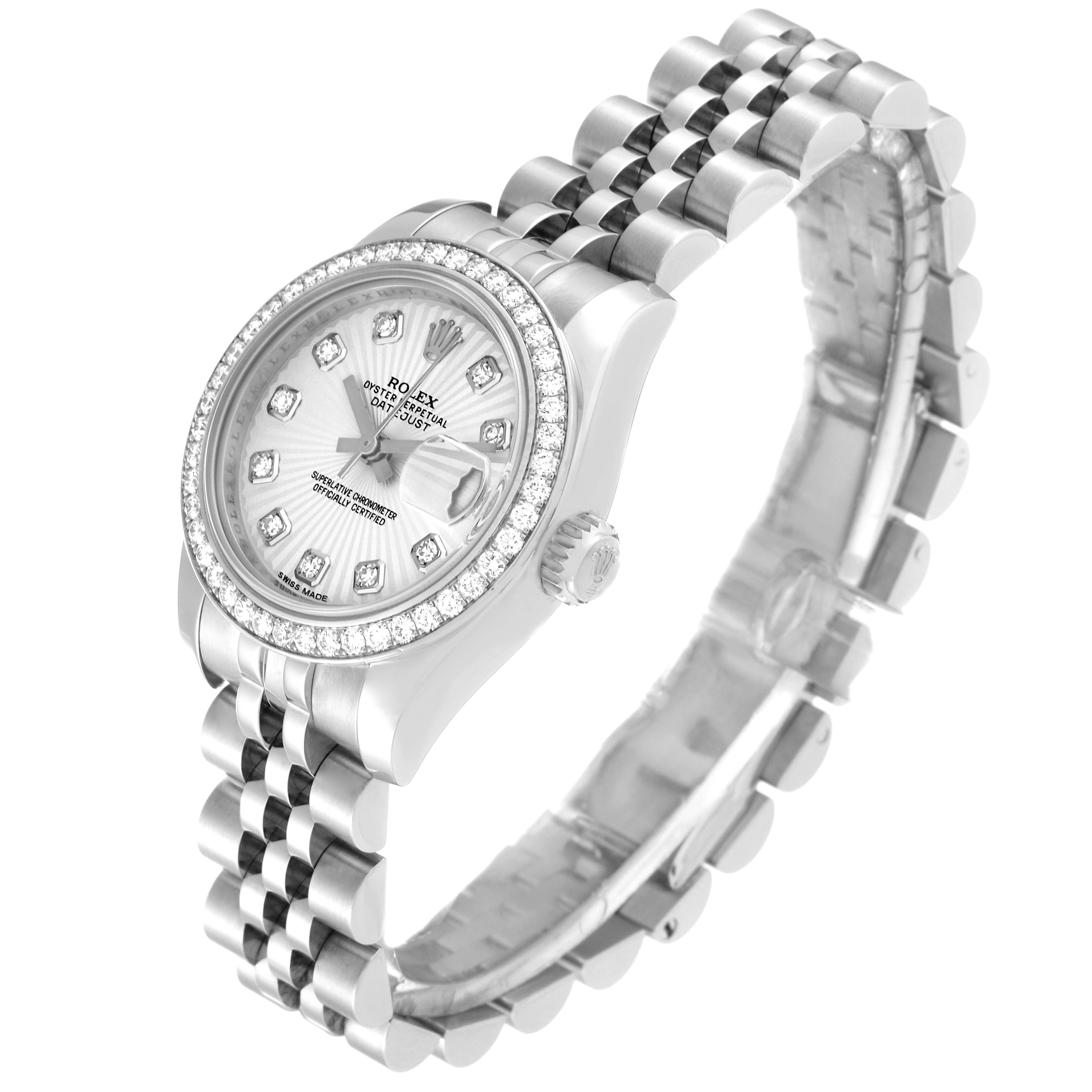 The Rolex Datejust 179384 Women's Stainless Steel Silver Dial 179384 Women's Stainless Steel Silver Dial watch is shown at a three-quarter angle, highlighting its dial, bezel, and bracelet.