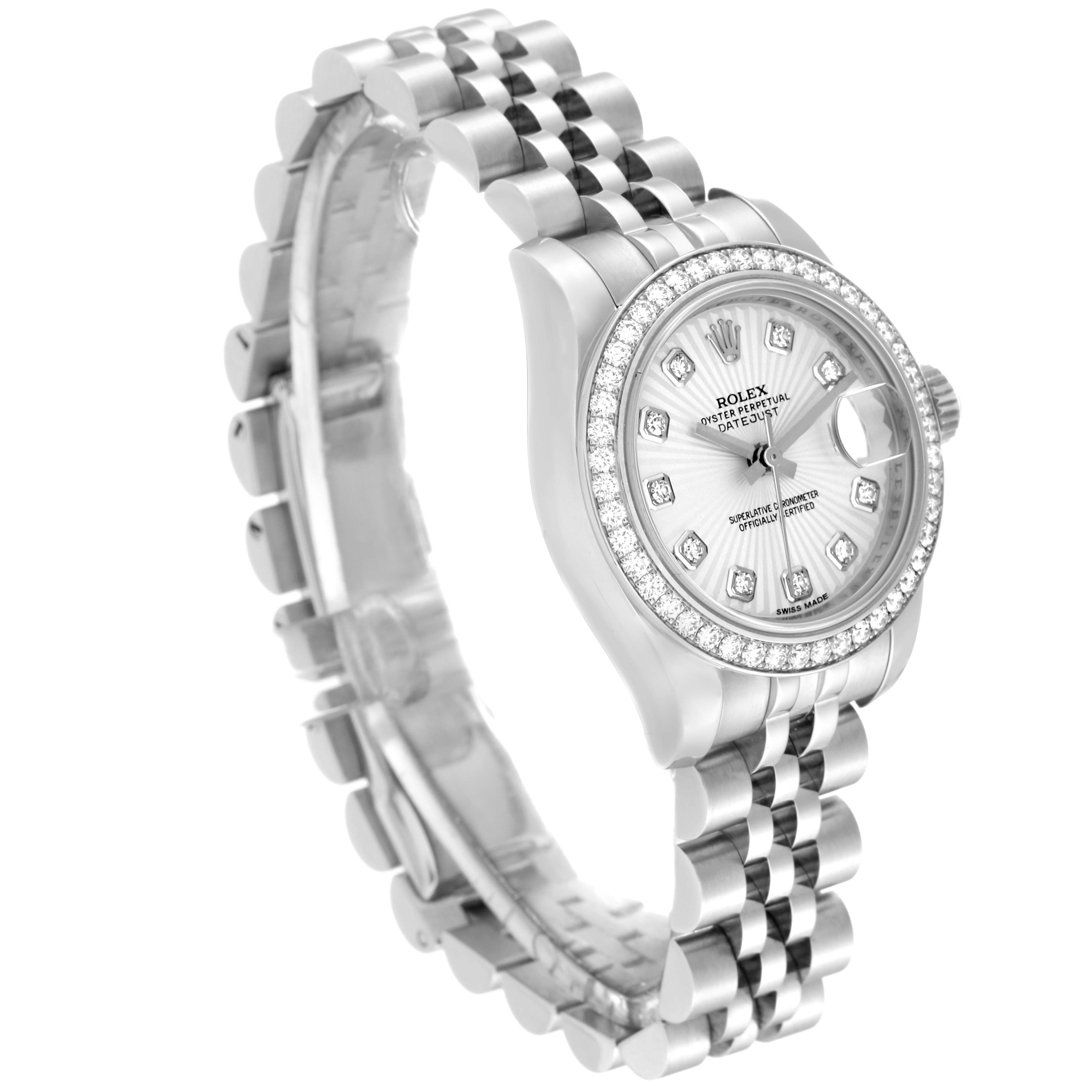 The image shows a side angle of the Rolex Datejust 179384 Women's Stainless Steel Silver Dial 179384 Women's Stainless Steel Silver Dial watch, highlighting its face, bezel, and bracelet.