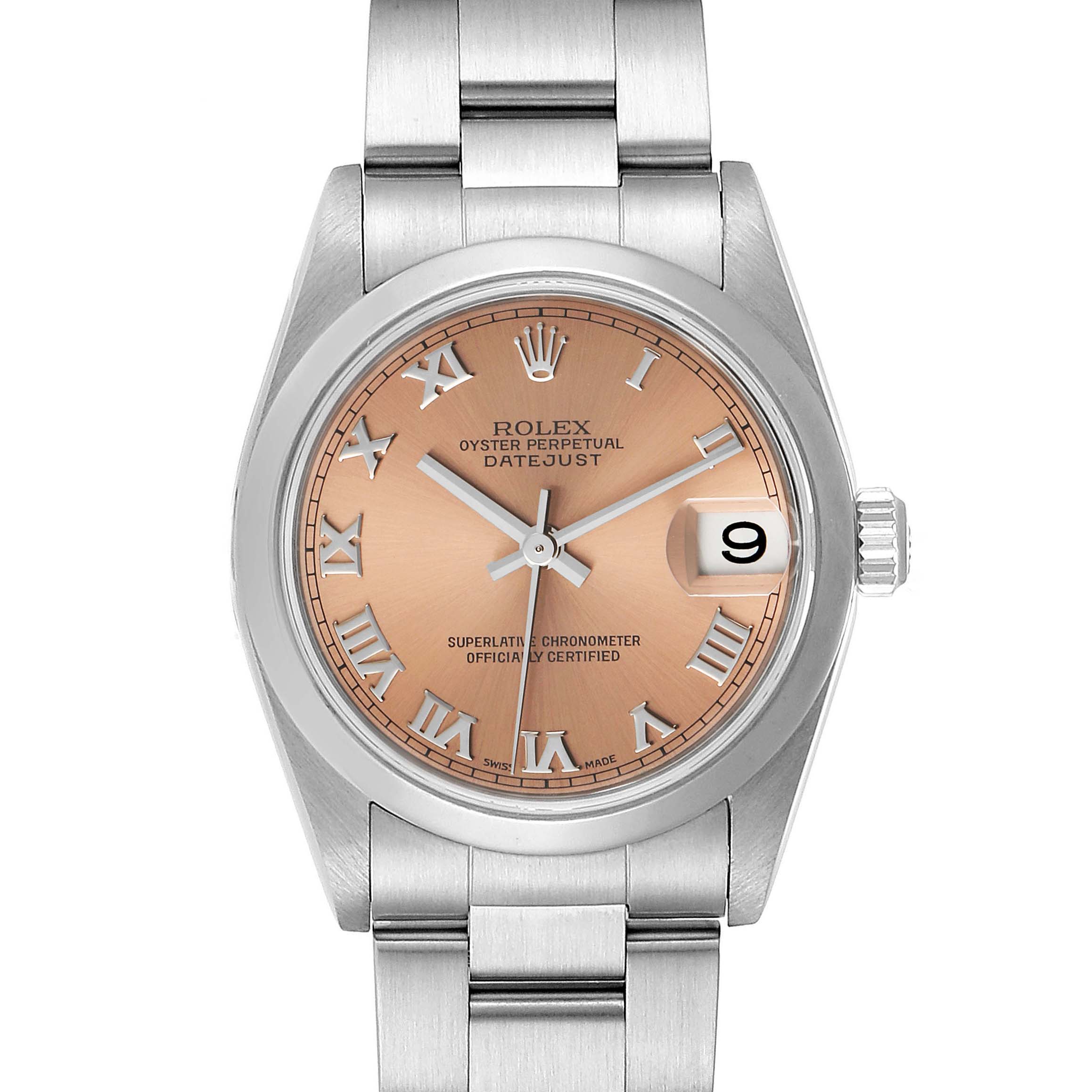 This Rolex Mid-Size 78240 Women's Stainless Steel Pink Dial 78240 Women's Stainless Steel Pink Dial Oyster Perpetual Datejust watch is shown from a front angle, highlighting its dial, hands, and bracelet.