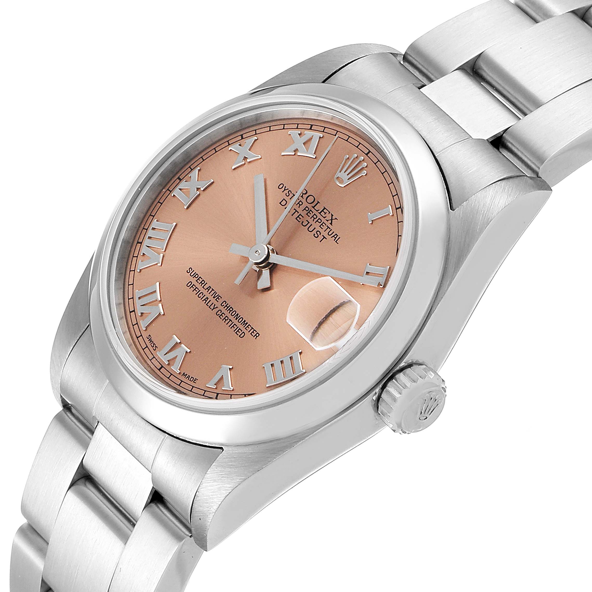 This image shows a Rolex Mid-Size 78240 Women's Stainless Steel Pink Dial 78240 Women's Stainless Steel Pink Dial Datejust watch from an angled close-up, highlighting the dial, bezel, bracelet, and crown.