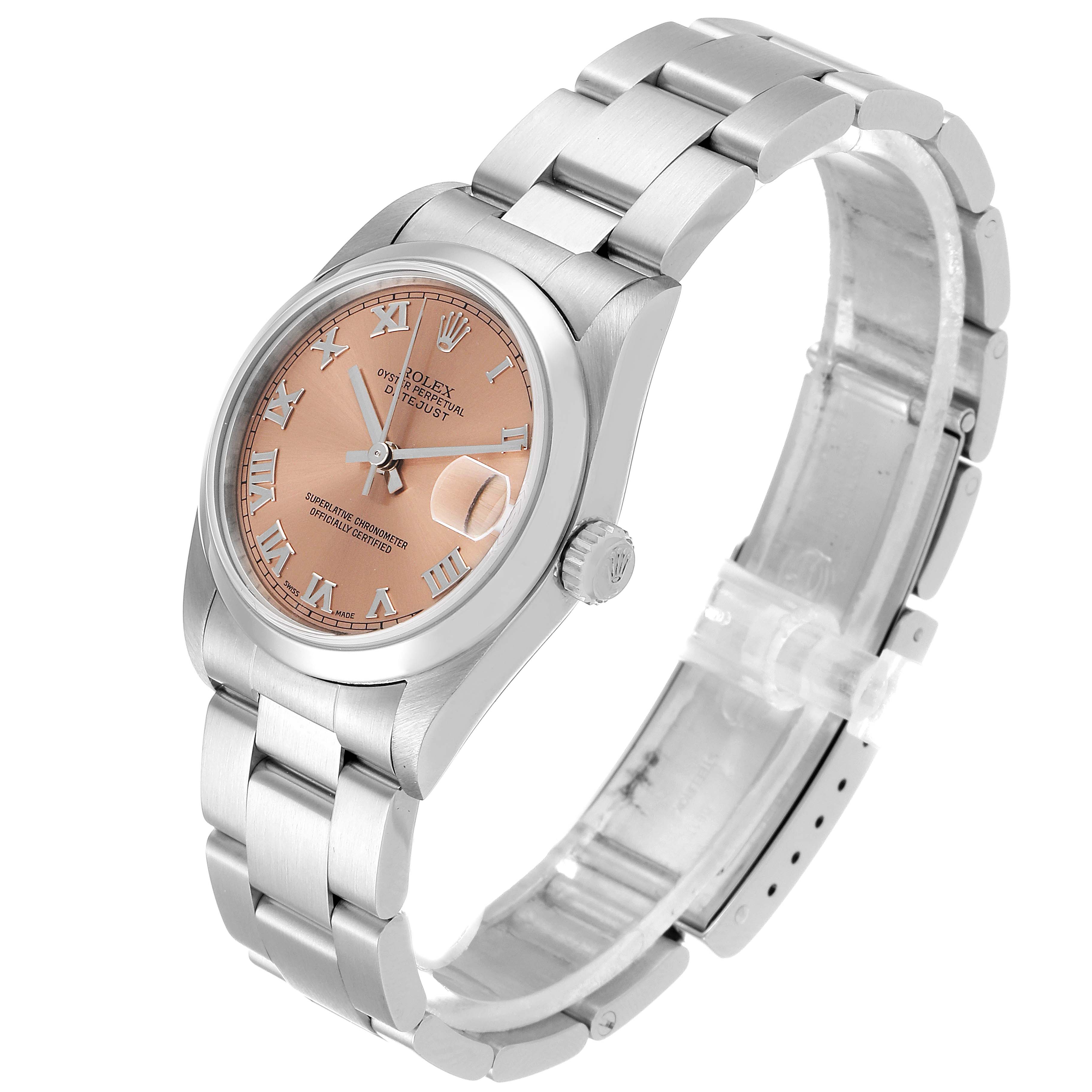 The image shows a Rolex Mid-Size 78240 Women's Stainless Steel Pink Dial 78240 Women's Stainless Steel Pink Dial Datejust watch at a slight angle, displaying the face, bezel, crown, and bracelet.