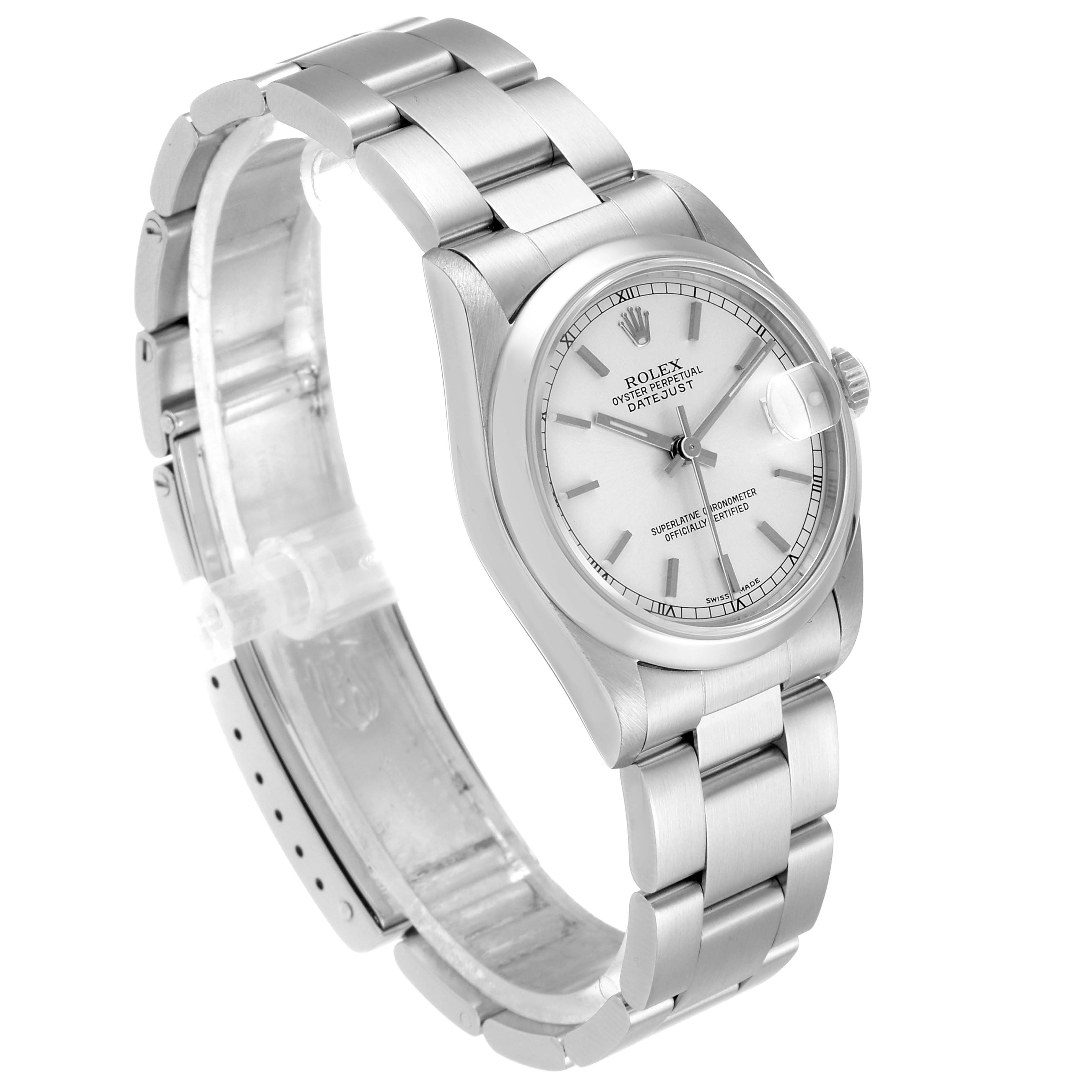 The image shows a Rolex Mid-Size 78240 Women
s Stainless Steel Silver Dial 78240 Women
s Stainless Steel Silver Dial model watch at an angle highlighting its face, bracelet, and clasp.