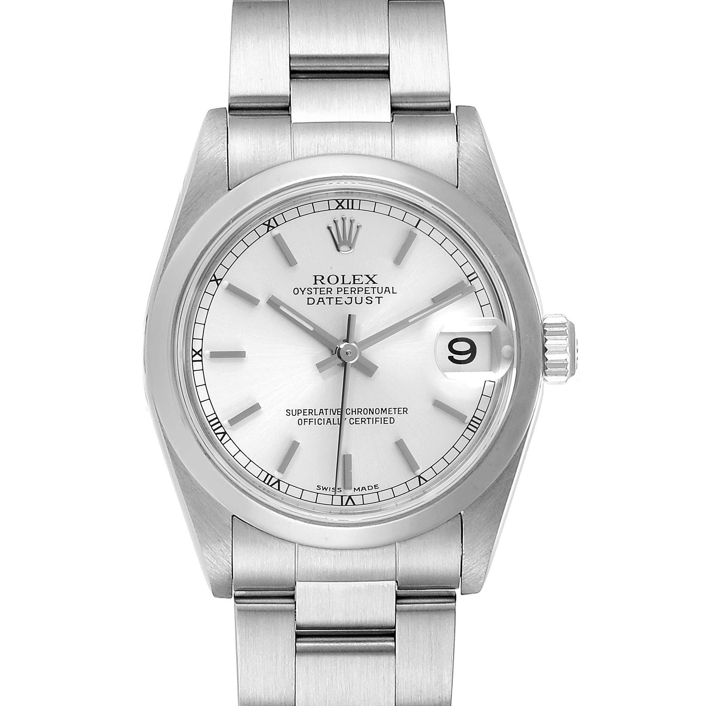 The image shows a frontal view of the Rolex Mid-Size 78240 Women
s Stainless Steel Silver Dial 78240 Women
s Stainless Steel Silver Dial Oyster Perpetual Datejust, displaying the dial, case, and part of the bracelet.