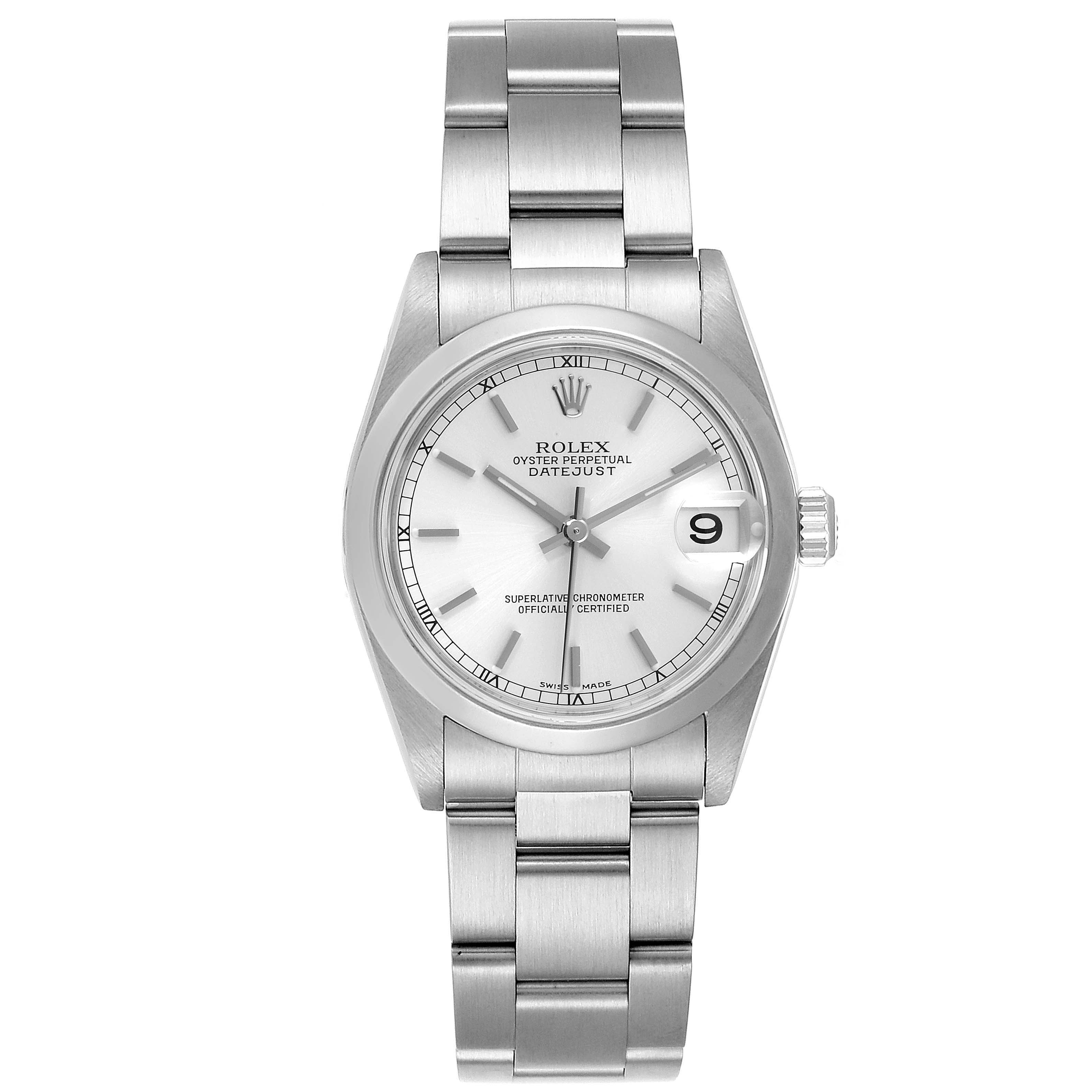 This image shows a front view of a Rolex Mid-Size 78240 Women
s Stainless Steel Silver Dial 78240 Women
s Stainless Steel Silver Dial Oyster Perpetual Datejust, highlighting its dial, bracelet, and date display.