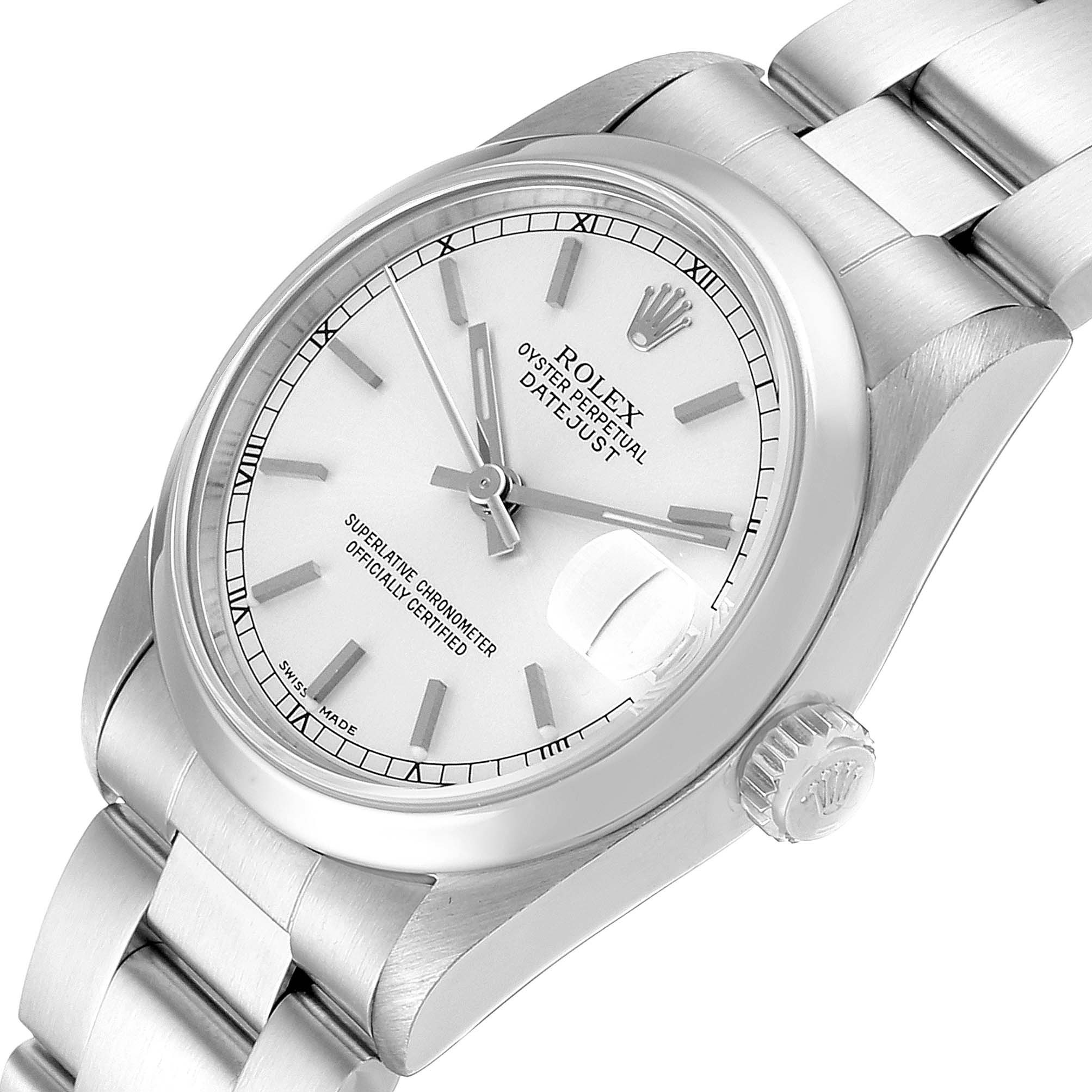 The image shows a Rolex Mid-Size 78240 Women
s Stainless Steel Silver Dial 78240 Women
s Stainless Steel Silver Dial Oyster Perpetual Datejust watch from a top angle, highlighting its dial, bezel, and part of the bracelet.