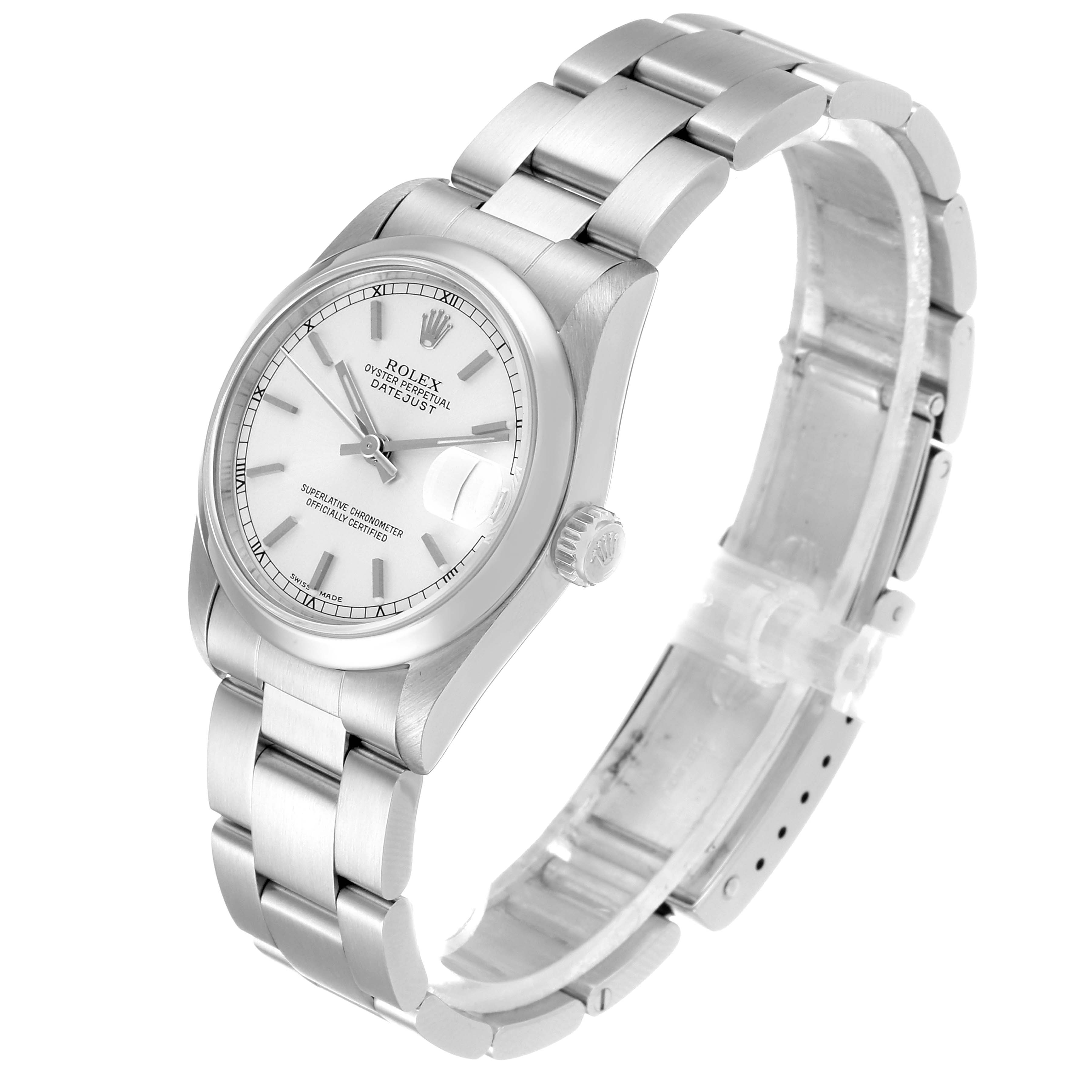 This image shows a side and front view of a Rolex Mid-Size 78240 Women
s Stainless Steel Silver Dial 78240 Women
s Stainless Steel Silver Dial Oyster Perpetual Datejust watch.