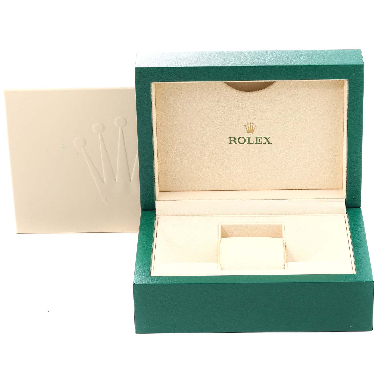 The image shows an open green and beige box for a Rolex Mid-Size 178341 Women
s Steel and Gold (two tone) Mother of Pearl Dial 178341 Women
s Steel and Gold (two tone) Mother of Pearl Dial model watch, displaying the interior with the Rolex logo.
