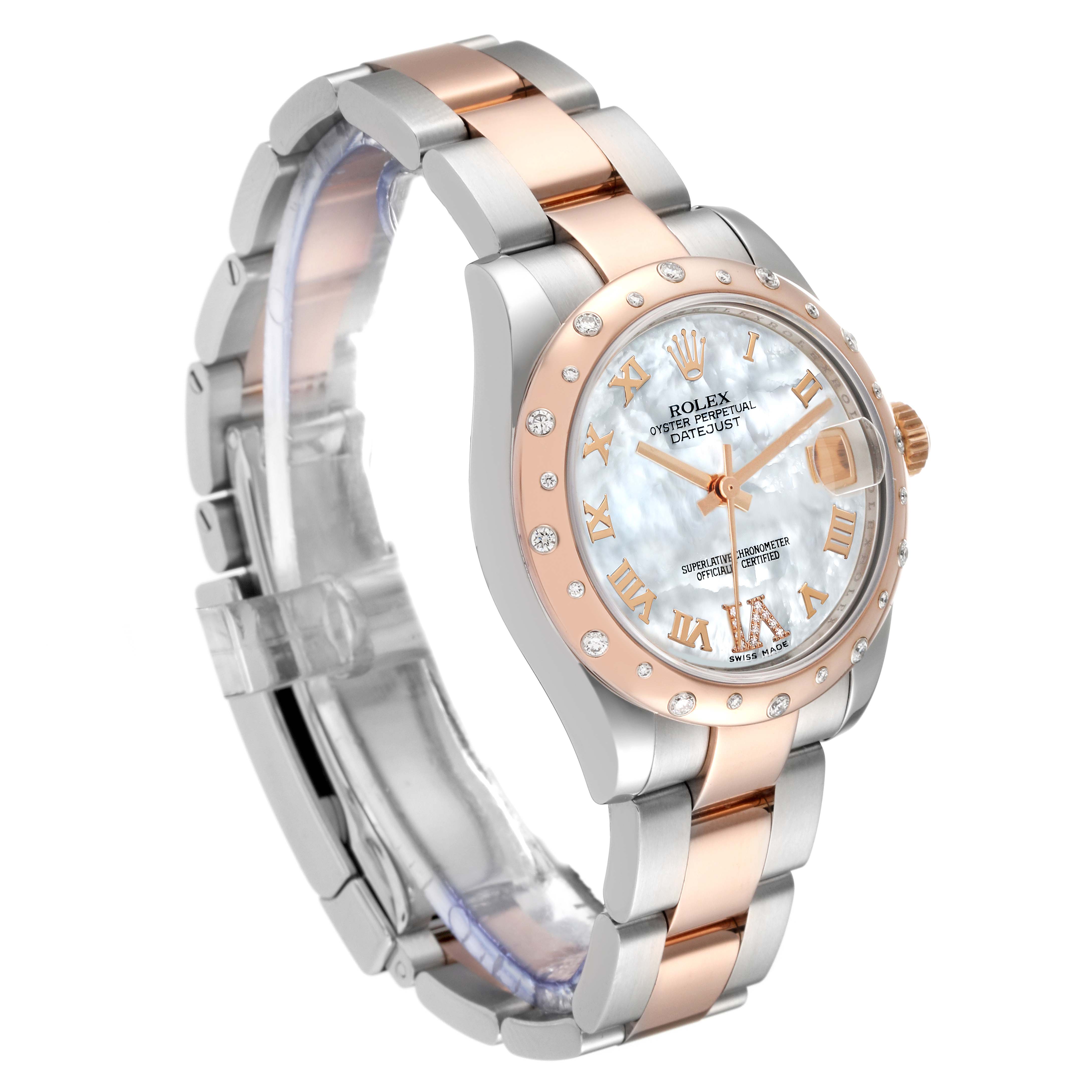 The image shows a Rolex Mid-Size 178341 Women
s Steel and Gold (two tone) Mother of Pearl Dial 178341 Women
s Steel and Gold (two tone) Mother of Pearl Dial Datejust watch at a three-quarter angle, highlighting its two-tone band and diamond-encrusted face.