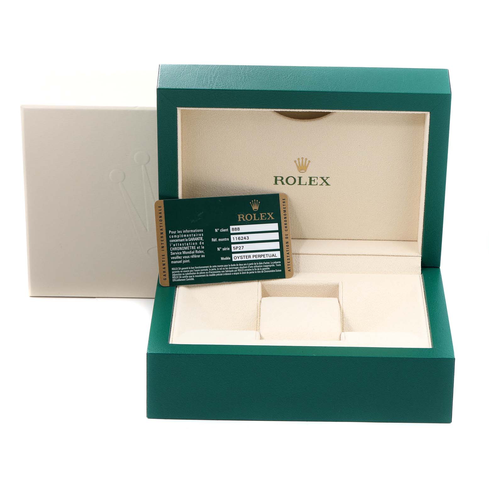 The image shows an open Rolex Datejust 116243 Men's Steel and Gold (two tone) Silver Dial 116243 Men's Steel and Gold (two tone) Silver Dial watch box with the watch's warranty card displayed prominently in front.