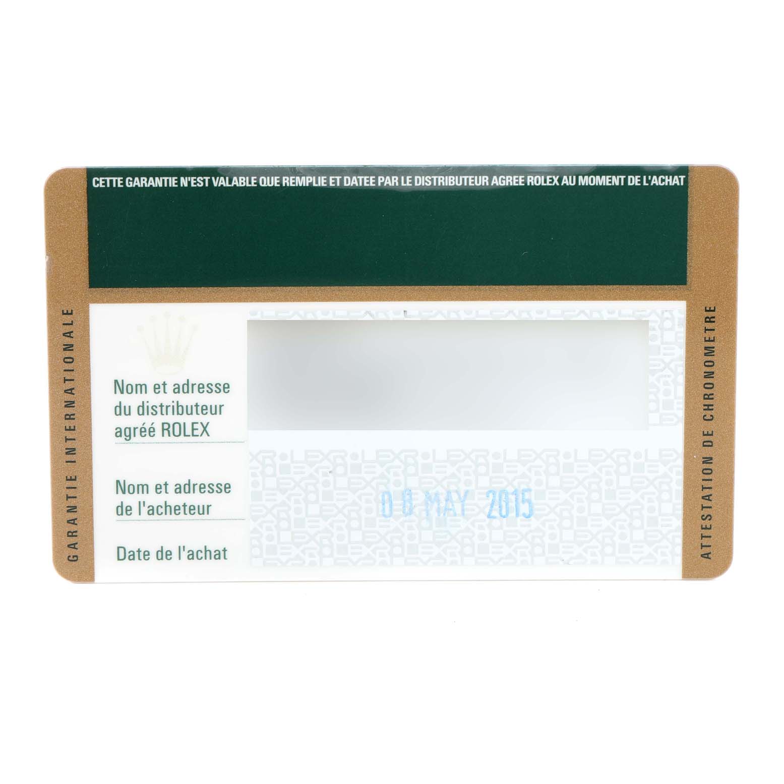 This is a close-up of an international warranty card for the Rolex Datejust 116243 Men's Steel and Gold (two tone) Silver Dial 116243 Men's Steel and Gold (two tone) Silver Dial watch, showing dealer information and purchase date.