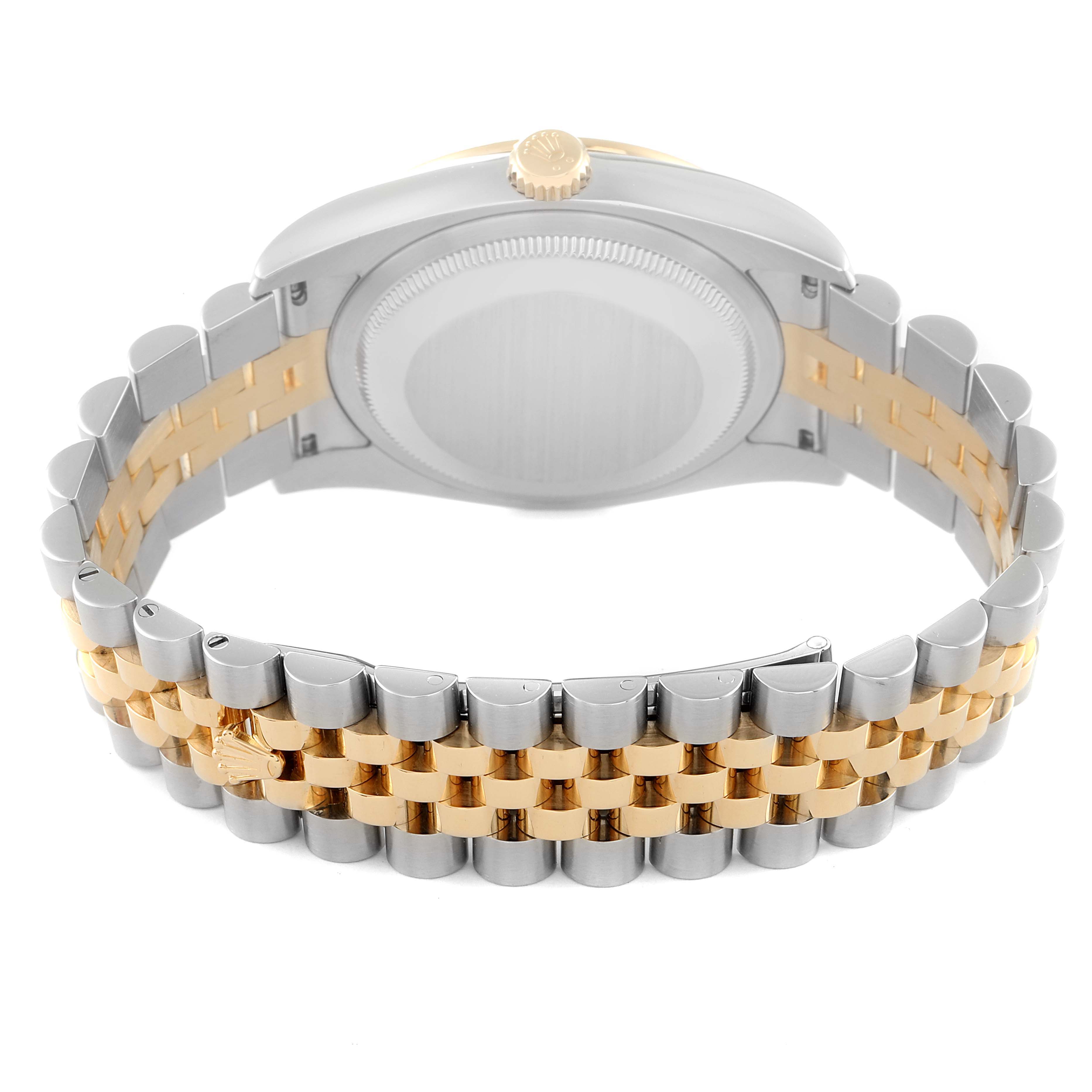 This image shows the back case and bracelet of a Rolex Datejust 116243 Men's Steel and Gold (two tone) Silver Dial 116243 Men's Steel and Gold (two tone) Silver Dial watch from an angled rear view.