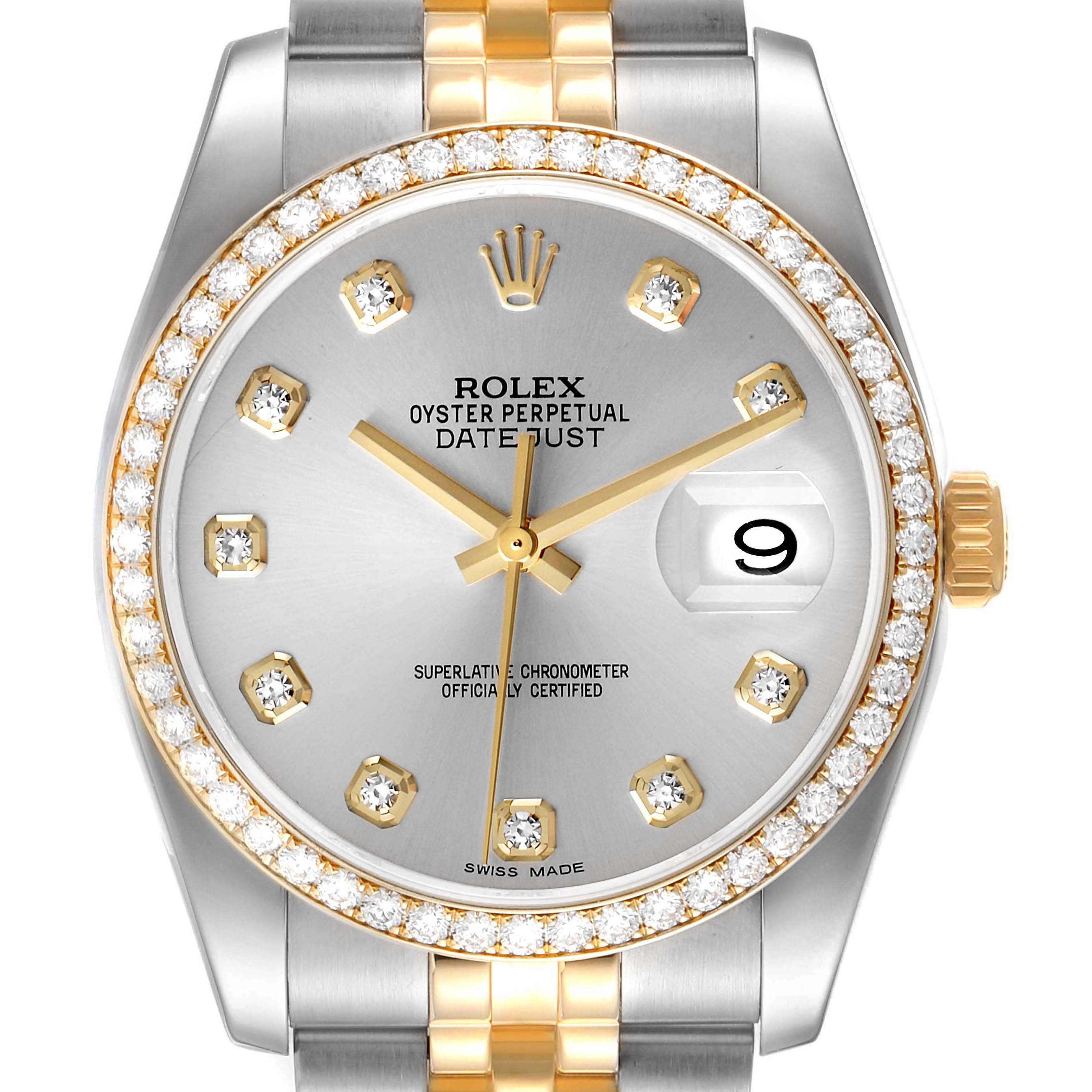 This Rolex Datejust 116243 Men's Steel and Gold (two tone) Silver Dial 116243 Men's Steel and Gold (two tone) Silver Dial watch is shown from a top-down angle, highlighting the face, bezel, dial, and part of the bracelet.
