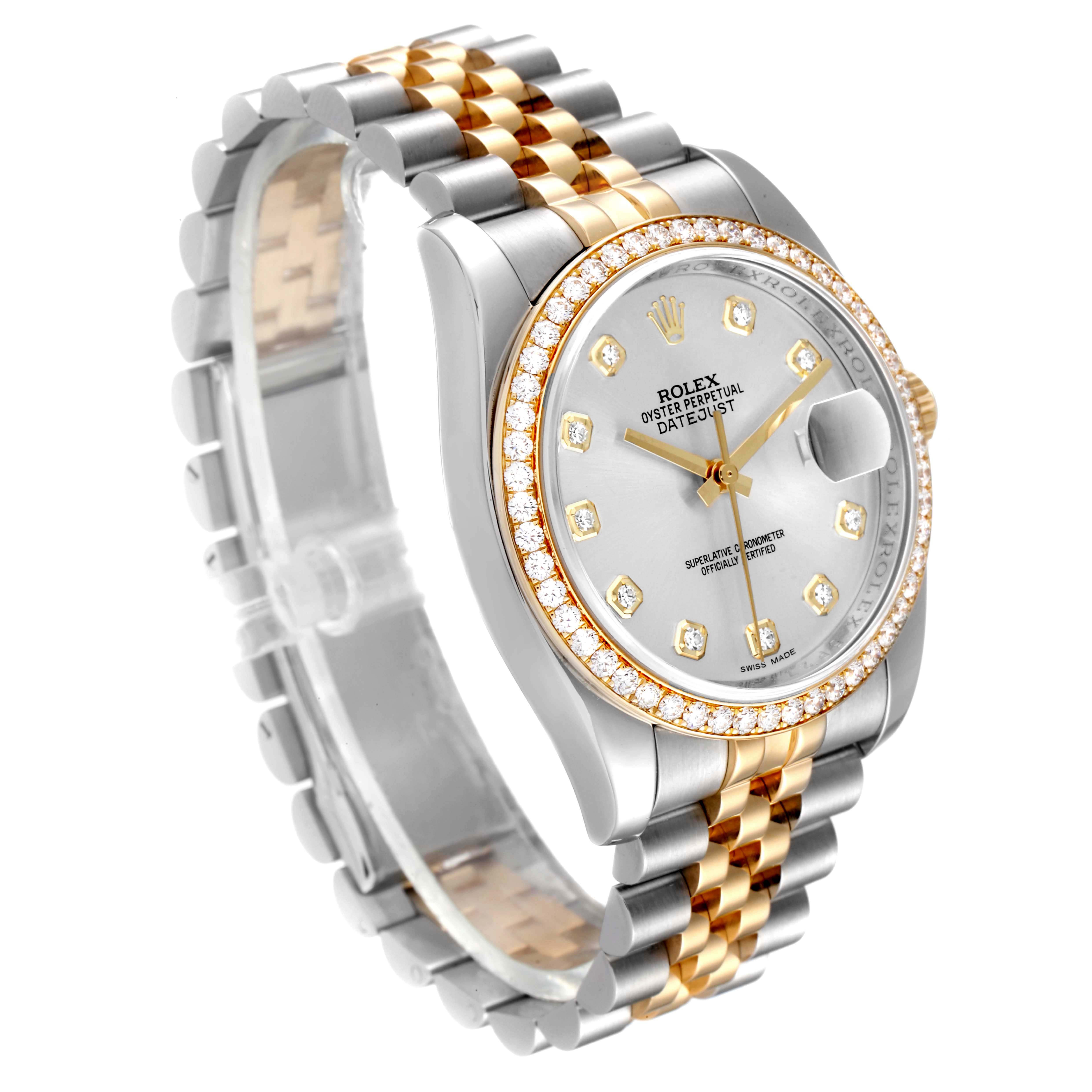 The image shows a Rolex Datejust 116243 Men's Steel and Gold (two tone) Silver Dial 116243 Men's Steel and Gold (two tone) Silver Dial watch at a front-side angle, highlighting its face, bezel, and two-tone bracelet.