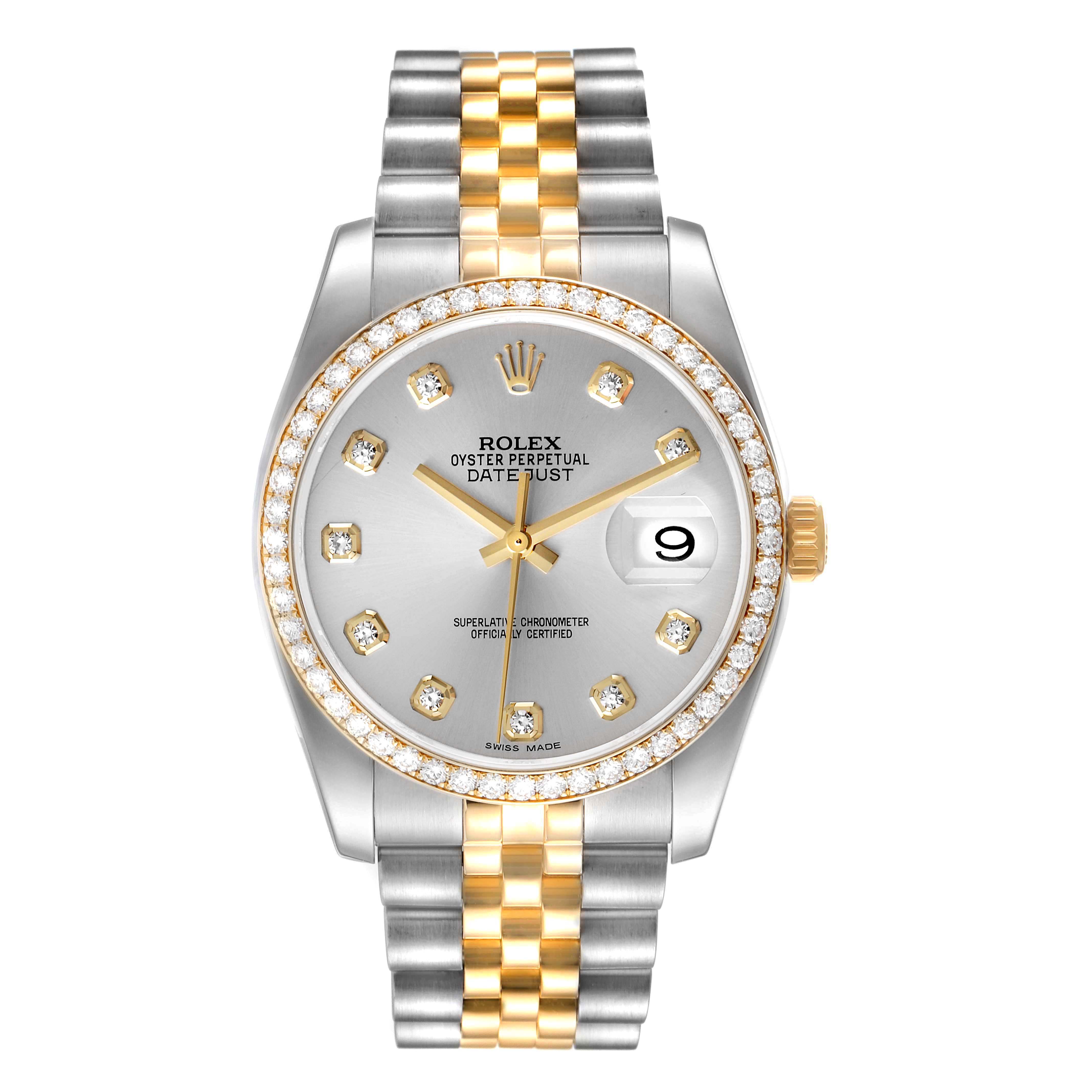 The image shows a front view of a Rolex Datejust 116243 Men's Steel and Gold (two tone) Silver Dial 116243 Men's Steel and Gold (two tone) Silver Dial watch, highlighting the dial, bezel, and two-tone bracelet.