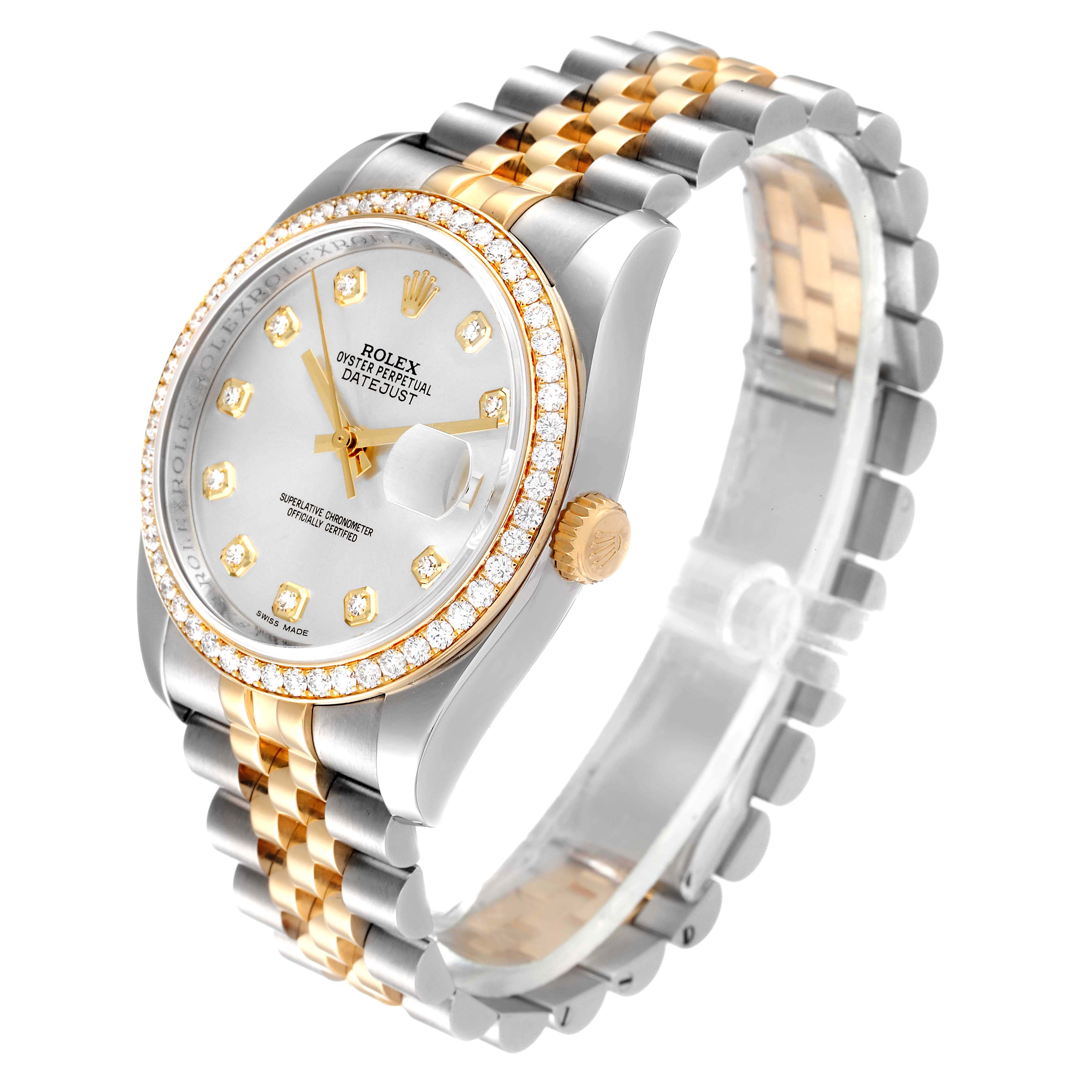 The Rolex Datejust 116243 Men's Steel and Gold (two tone) Silver Dial 116243 Men's Steel and Gold (two tone) Silver Dial watch is shown at an angled view, displaying its dial, bezel, crown, and two-tone bracelet.