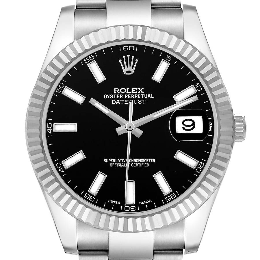 The Rolex Datejust 41 is shown from a front angle, highlighting the dial, fluted bezel, and part of the bracelet.