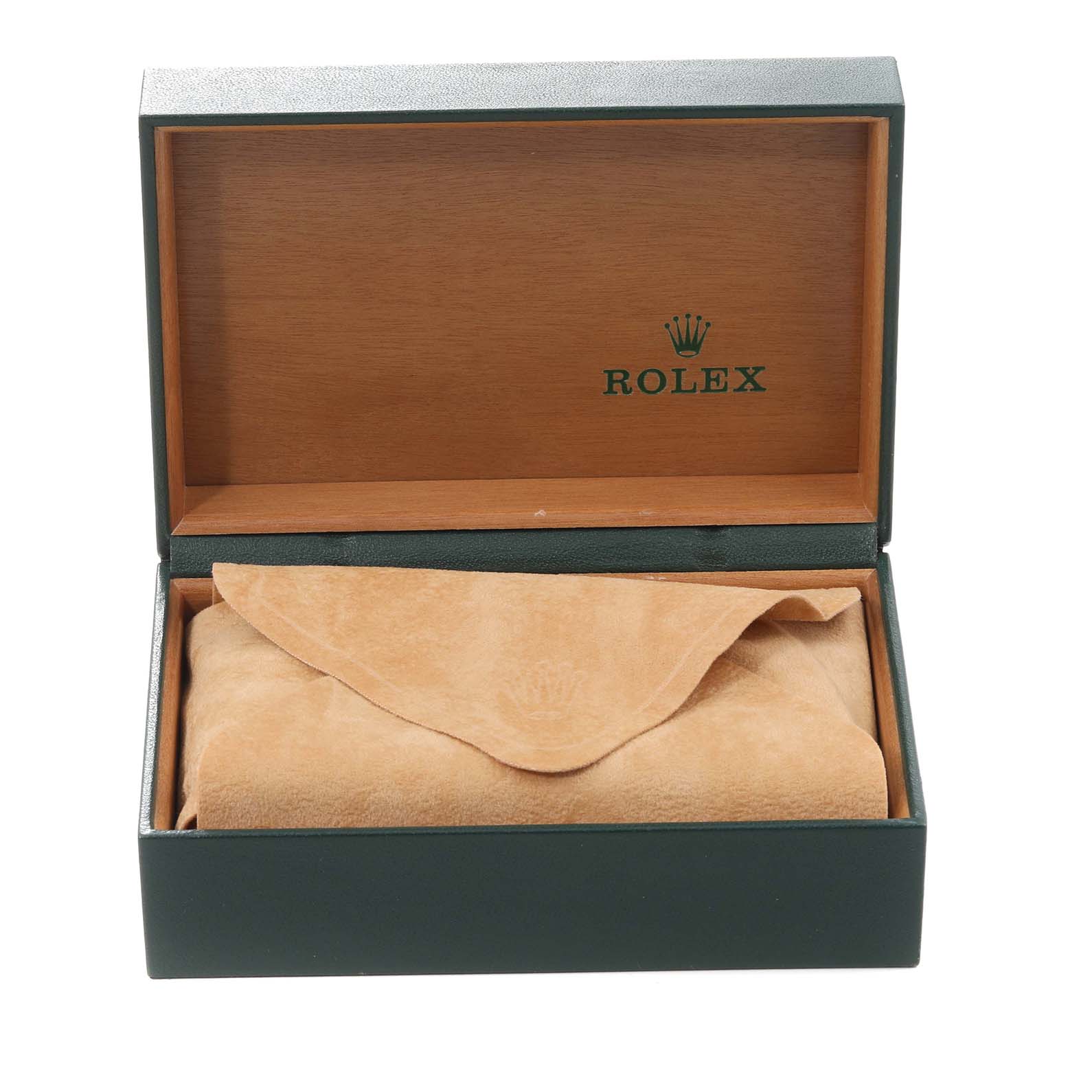 The image shows the open box of a Rolex Datejust 16234 Men's Stainless Steel White Dial 16234 Men's Stainless Steel White Dial watch, with the watch covered by a tan suede cloth inside.