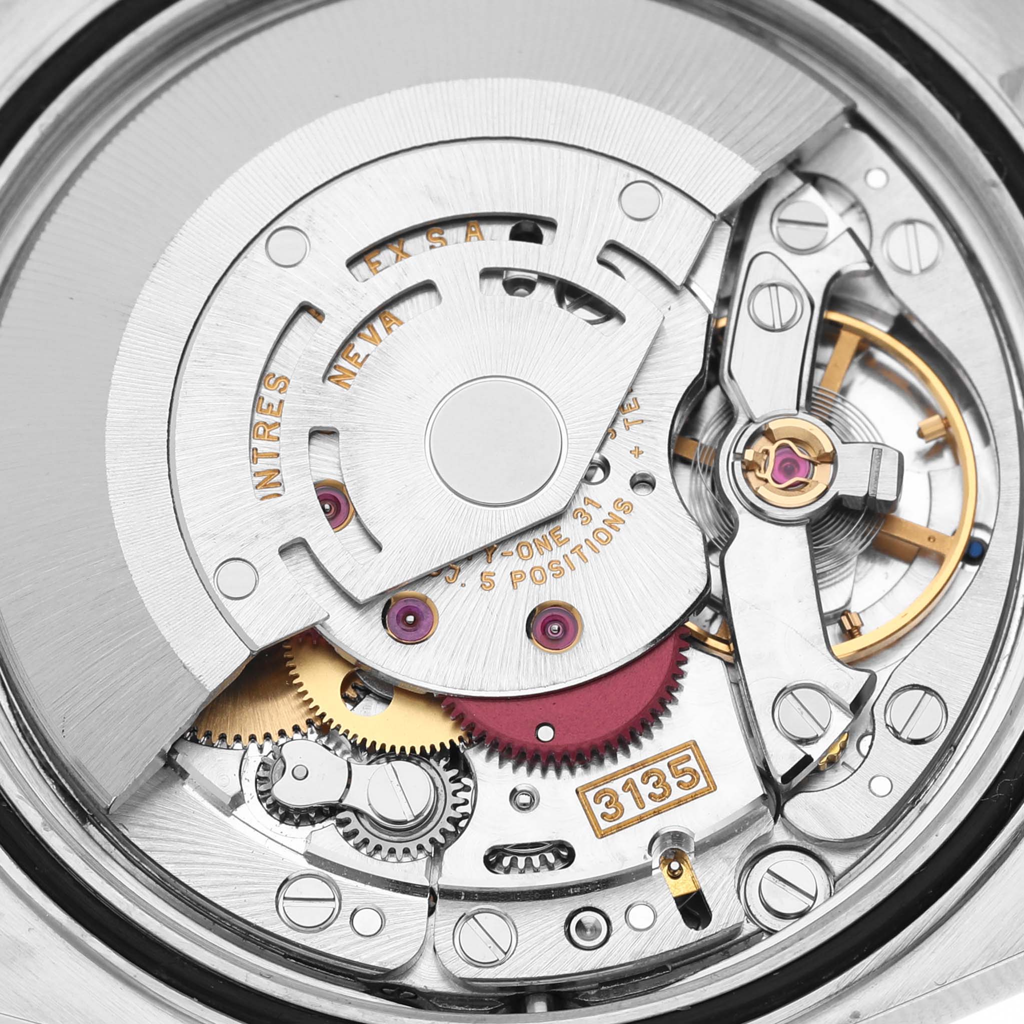 This image shows a close-up view of the movement mechanism inside a Rolex Datejust 16234 Men's Stainless Steel White Dial 16234 Men's Stainless Steel White Dial watch.