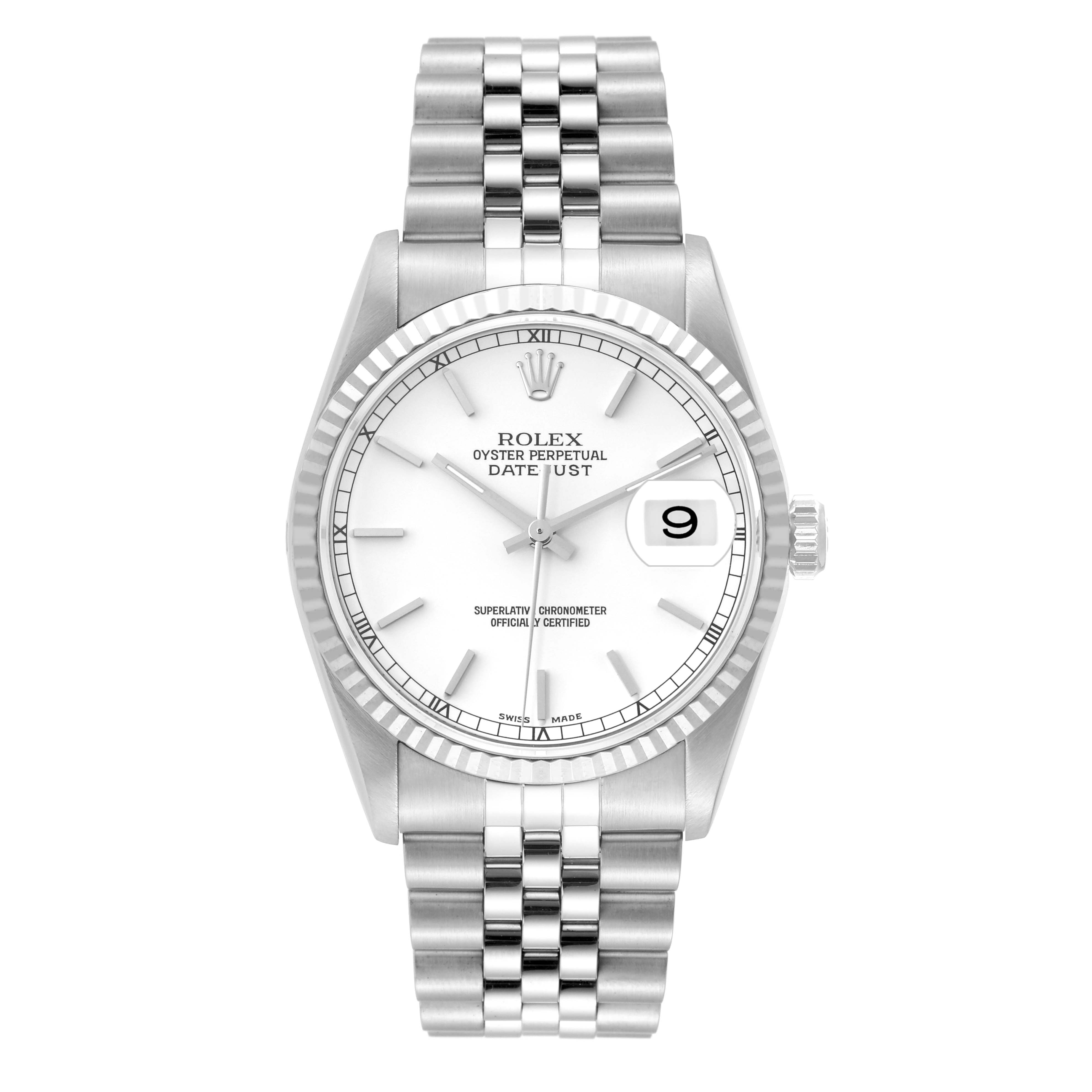 The image shows a front view of a Rolex Datejust 16234 Men's Stainless Steel White Dial 16234 Men's Stainless Steel White Dial watch, displaying its dial, bracelet, and date window.