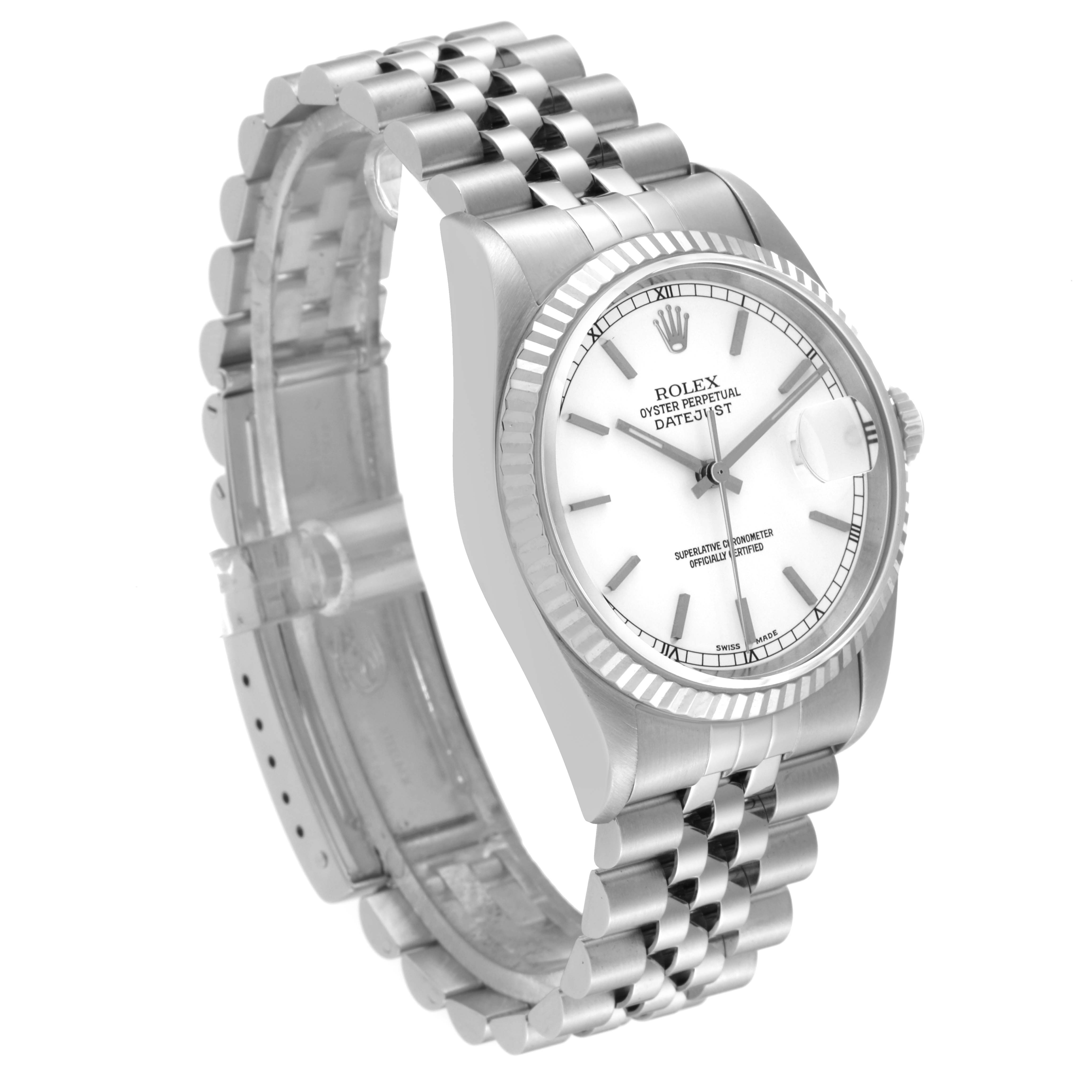The Rolex Datejust 16234 Men's Stainless Steel White Dial 16234 Men's Stainless Steel White Dial watch is shown at a slight angle, displaying its white dial, fluted bezel, and Jubilee bracelet.