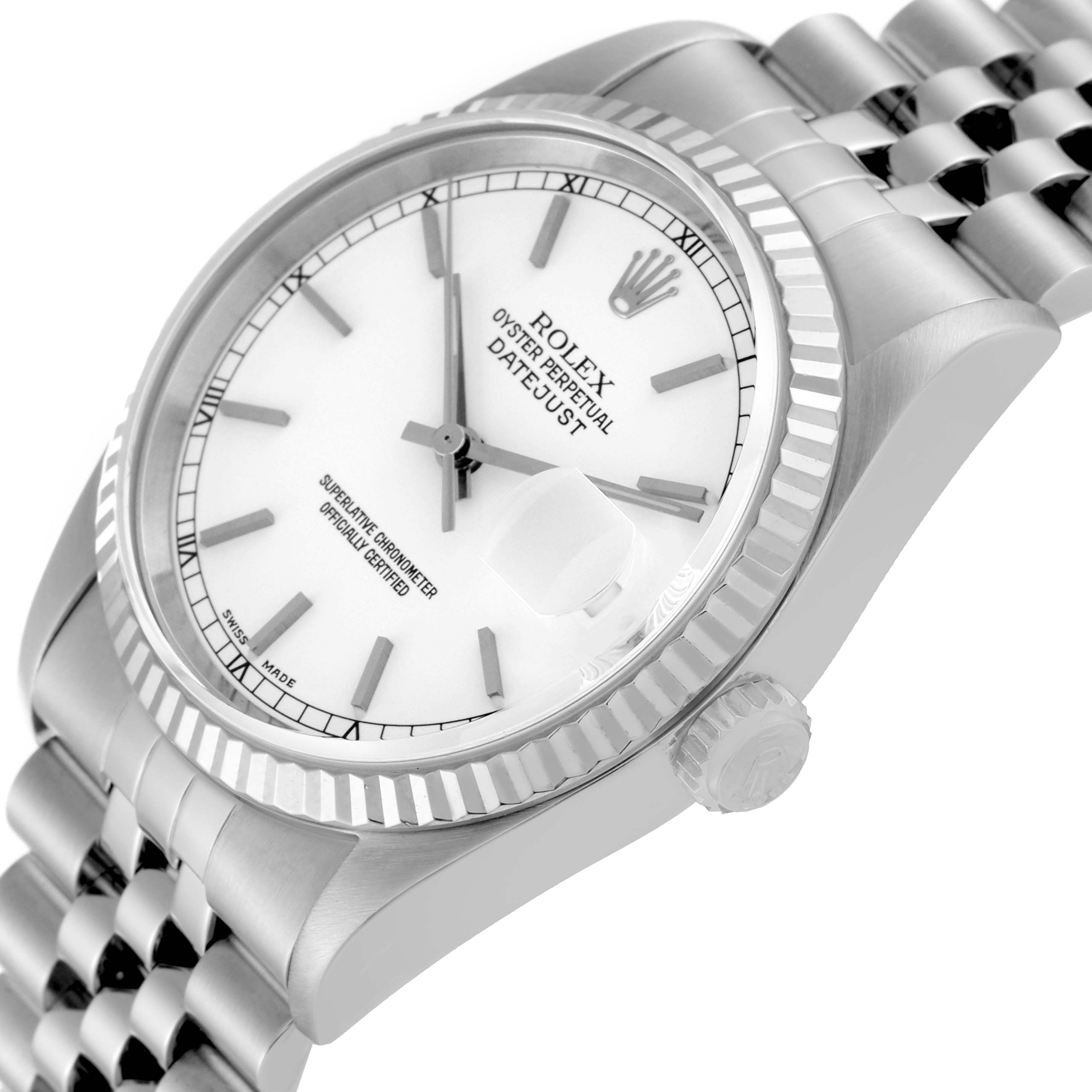 This image shows a close-up view of the Rolex Datejust 16234 Men's Stainless Steel White Dial 16234 Men's Stainless Steel White Dial model, focusing on the face, bezel, crown, and part of the bracelet, angled to the upper right.