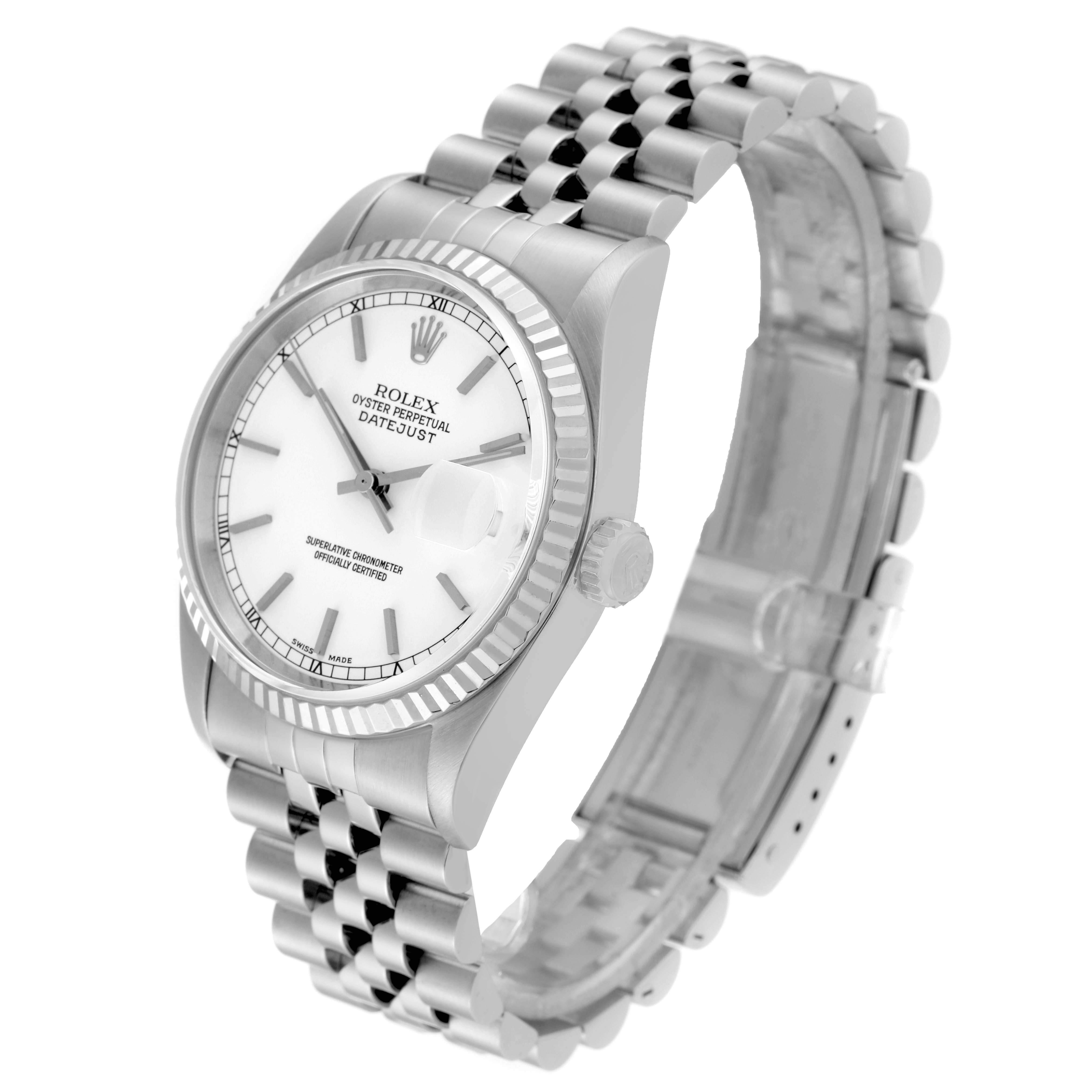 This image shows a Rolex Datejust 16234 Men's Stainless Steel White Dial 16234 Men's Stainless Steel White Dial watch from a front-left angle, showcasing its white dial, fluted bezel, and jubilee bracelet.