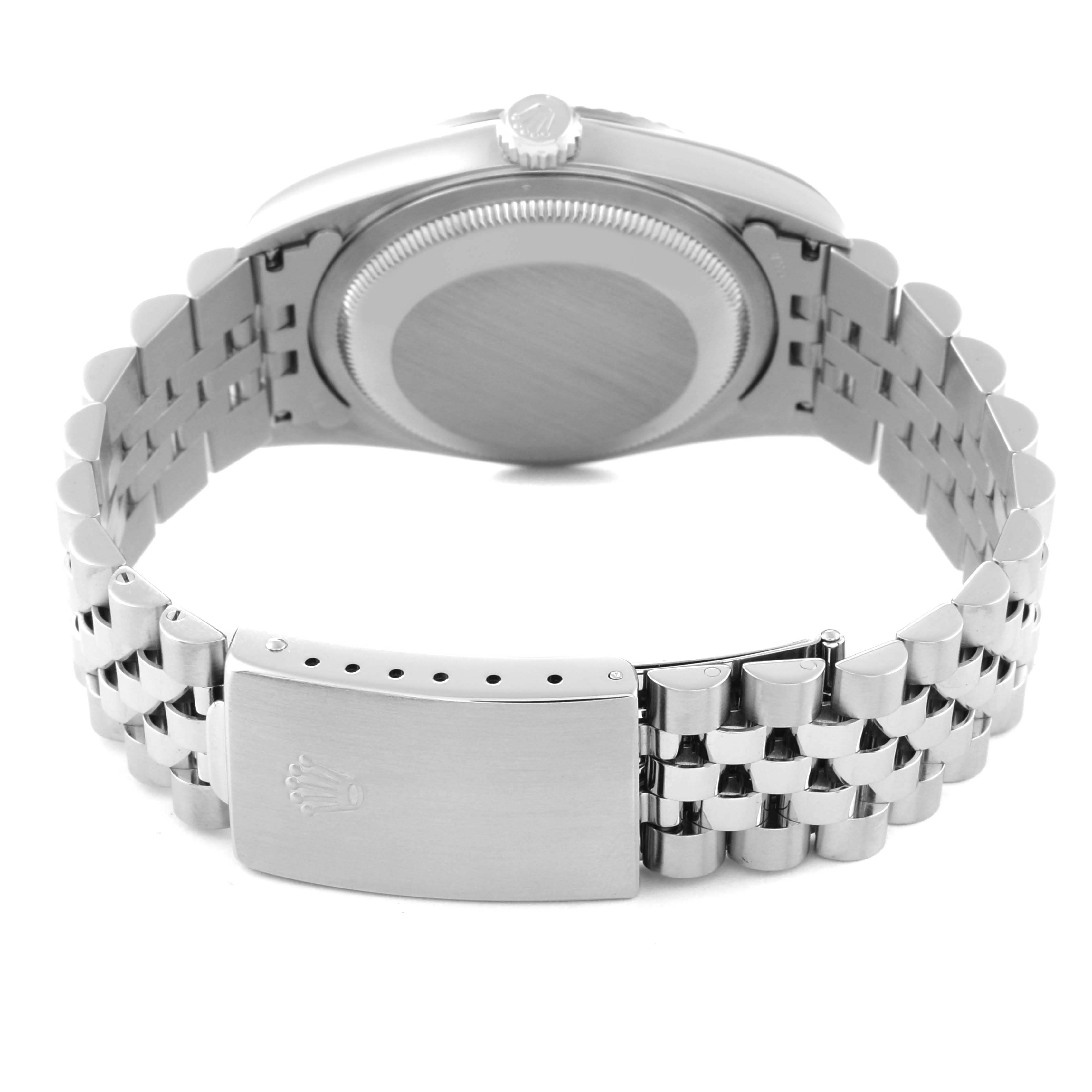 The image shows the back angle of the Rolex Datejust 16234 Men's Stainless Steel White Dial 16234 Men's Stainless Steel White Dial watch, highlighting its bracelet and clasp.