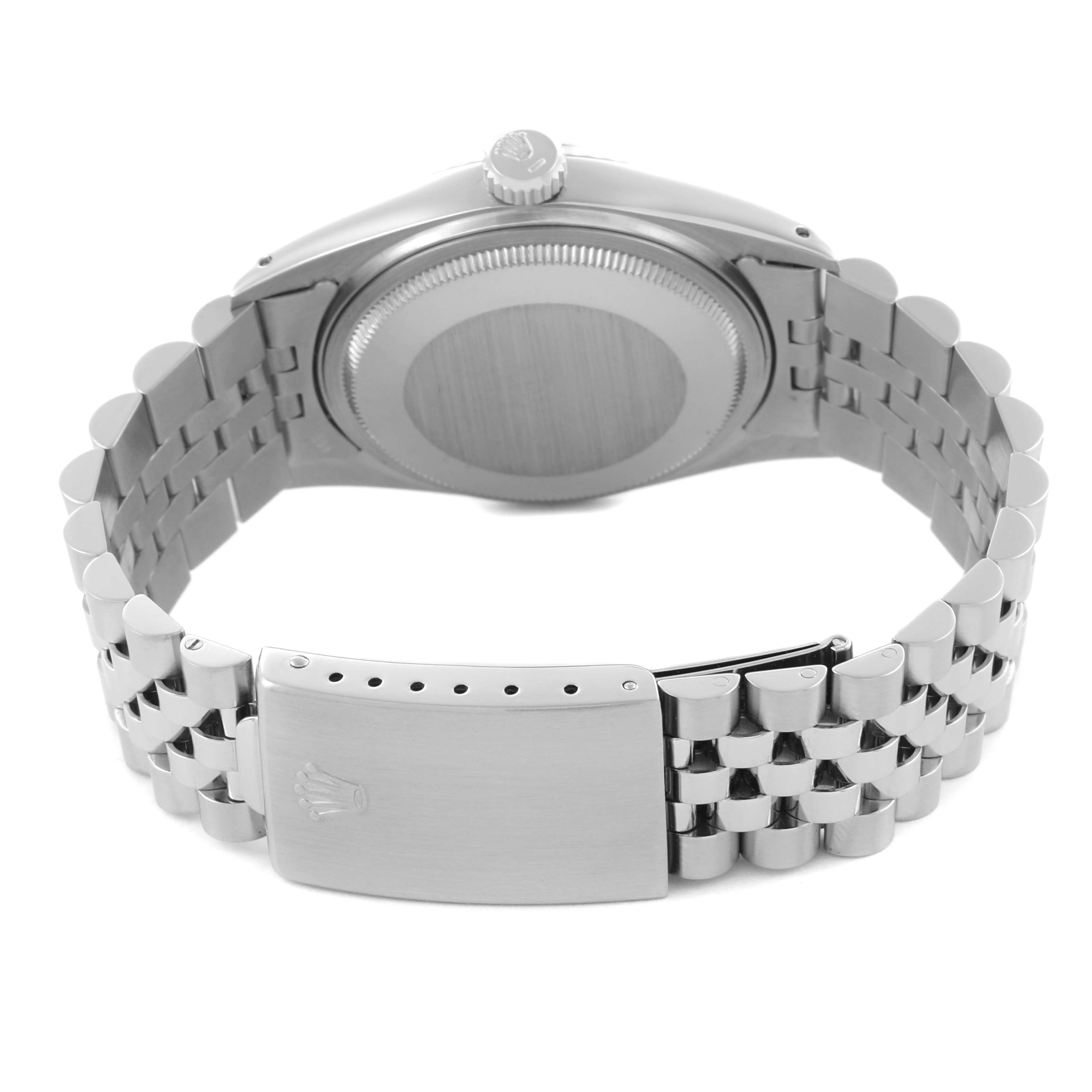 The image shows the back of a Rolex Datejust 16014 Men's Stainless Steel Silver Dial 16014 Men's Stainless Steel Silver Dial watch, highlighting the case back and stainless steel bracelet with clasp.