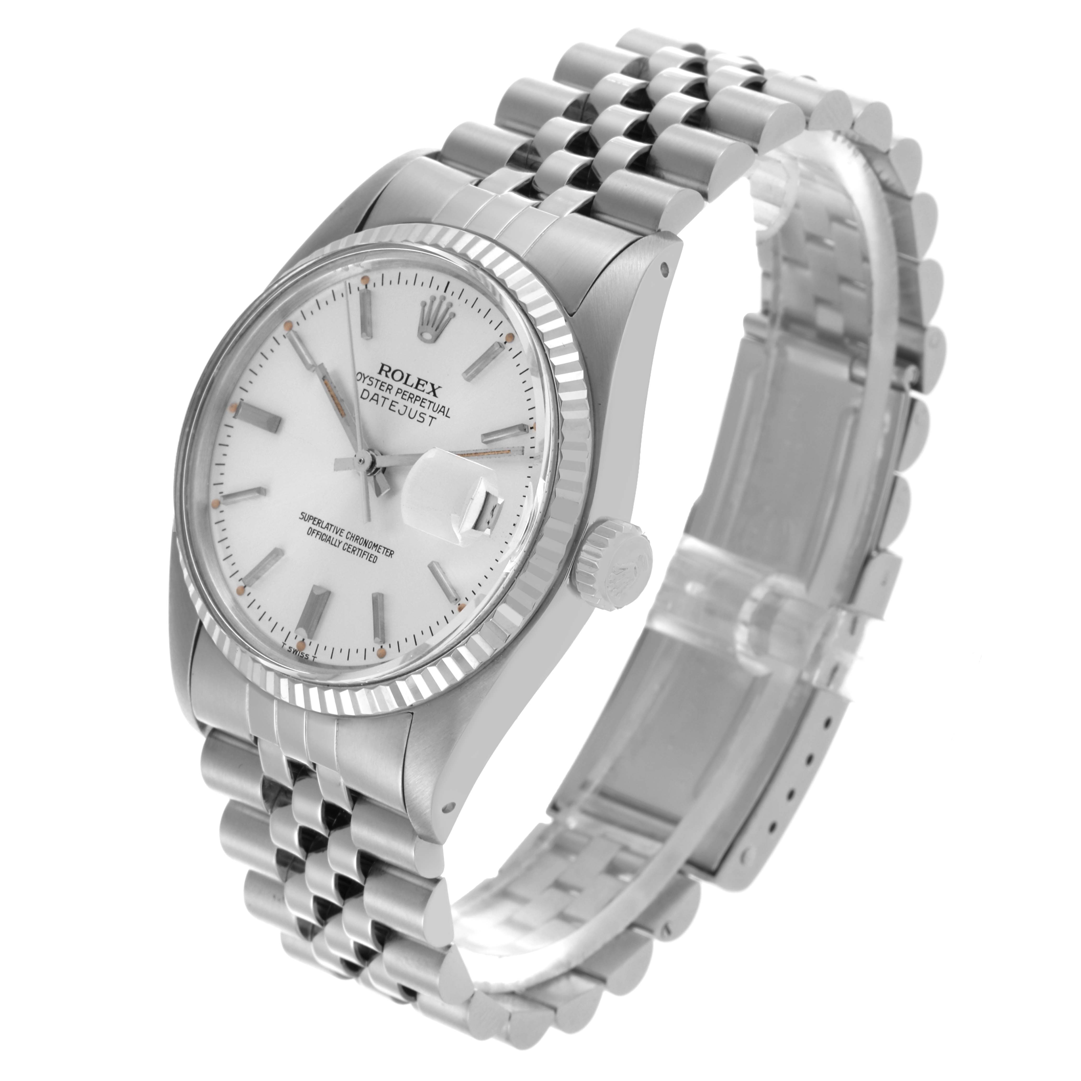 The image shows a Rolex Datejust 16014 Men's Stainless Steel Silver Dial 16014 Men's Stainless Steel Silver Dial watch at a three-quarter angle, highlighting the dial, case, bezel, and bracelet.
