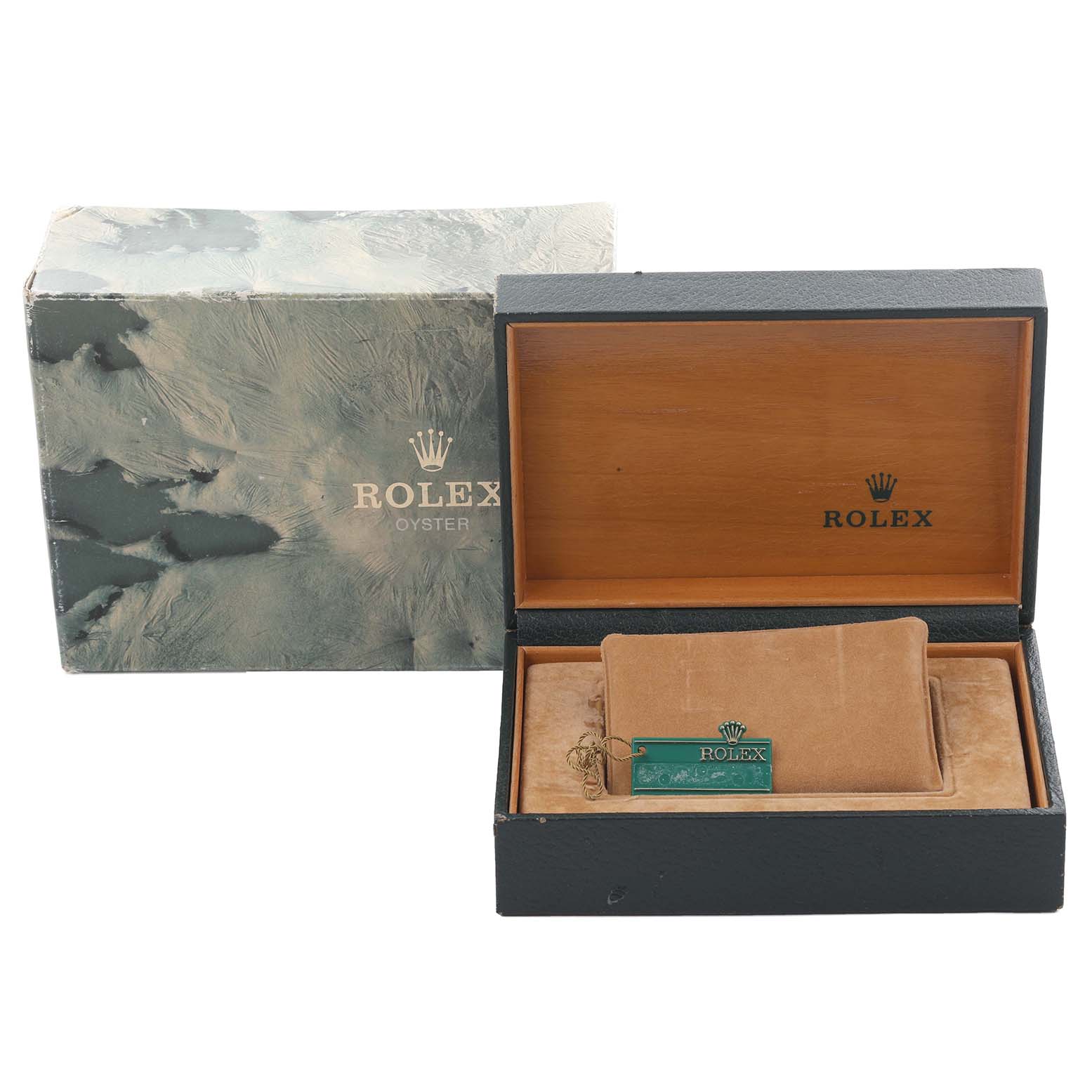 The image shows Rolex Datejust 16014 Men's Stainless Steel Silver Dial 16014 Men's Stainless Steel Silver Dial packaging and accessories, including a box and tag, viewed from the front.